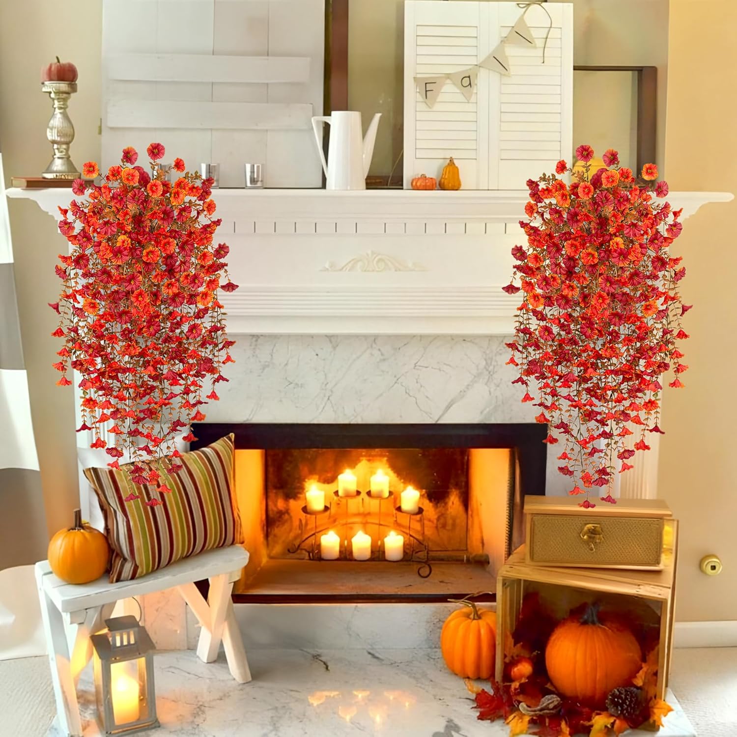 Artificial Fall Hanging Flowers for Decoration, 2pcs Long Vine Fake Flowers Plants Morning Glory, Realistic Faux Petunias for Planter Patio Porch Garden Autumn Outdoors Dec, Orange Red - Image 3