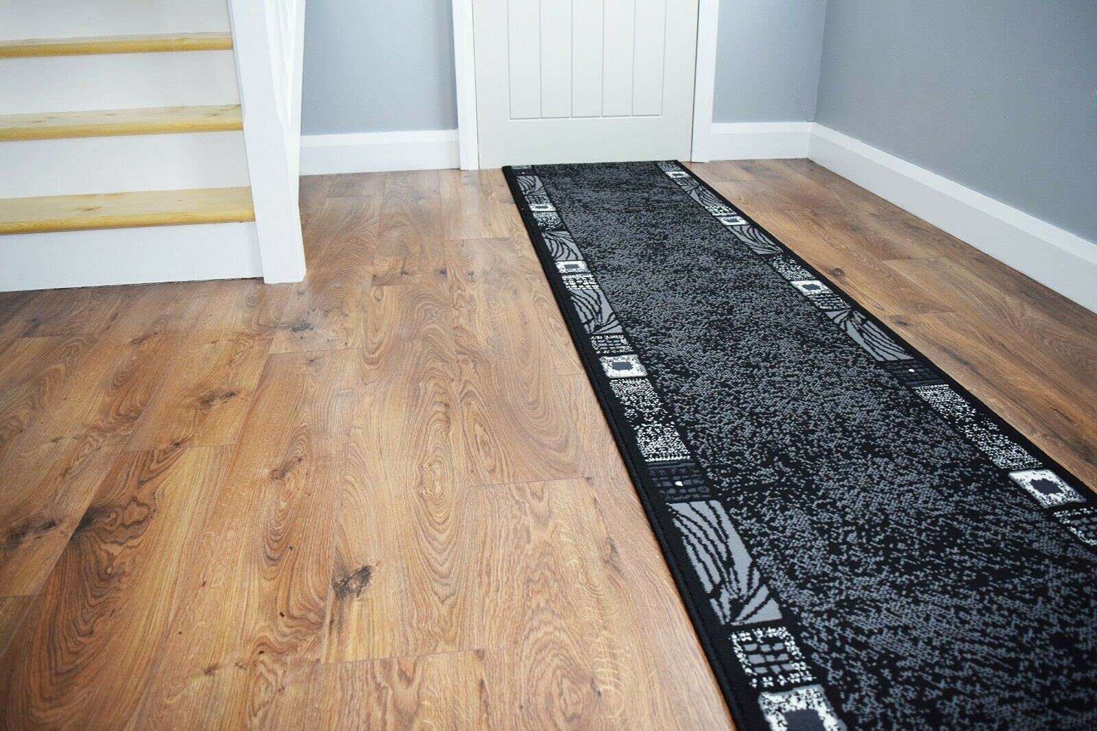 SrS Rugs® Luna Collection, Modern Long Carpet Runner Rug for Entrance Hall and Stairs. Smooth Soft 8mm Depth Pile. 70cm Wide. Any length (Black Borders, Length: 17' (518cm)) — image 1