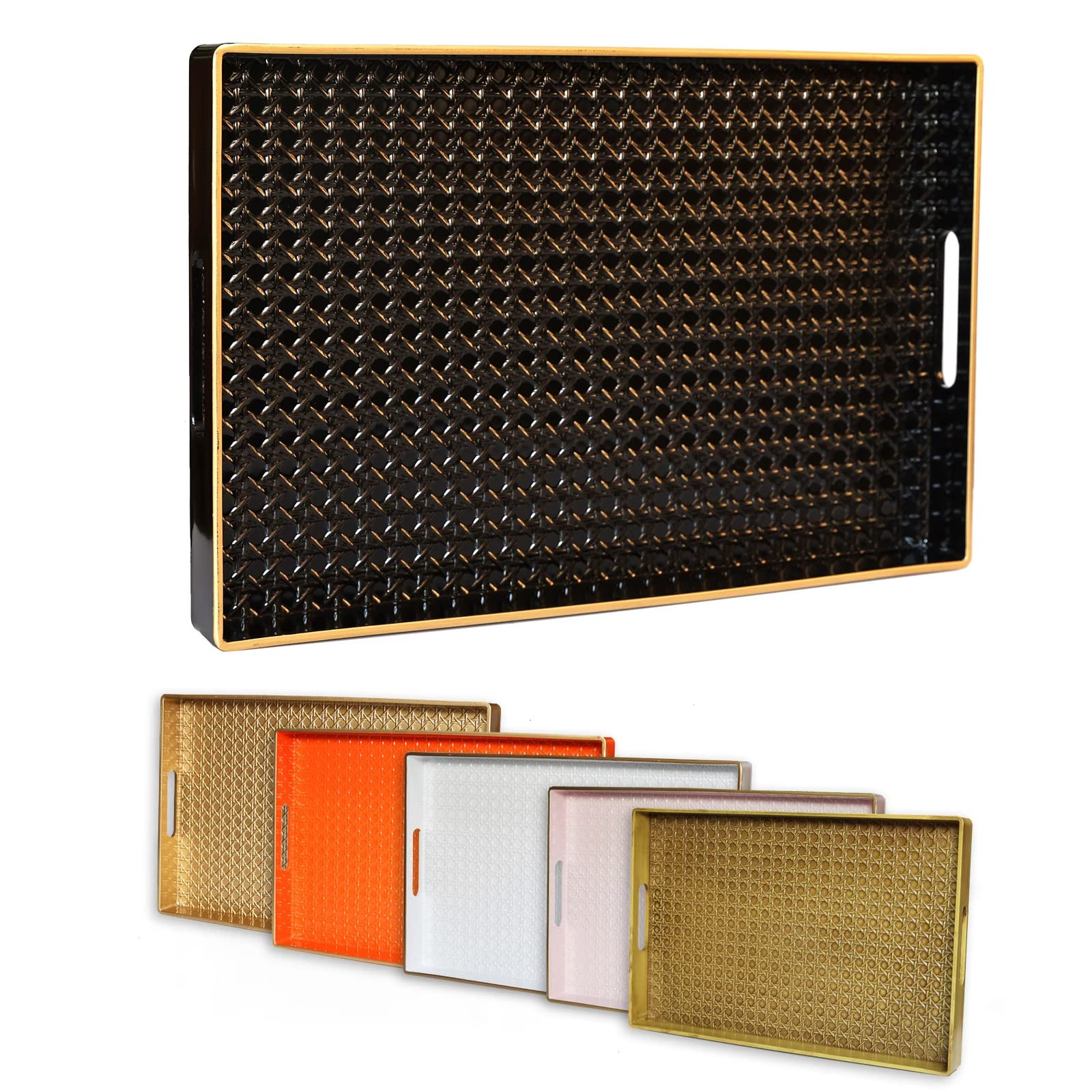 Leemxiiny Black Decorative Coffee Table Tray, Rectangular Plastic Serving Tray with Handles for Living Room, Ottoman, Bathroom, 15.7"*10.2"