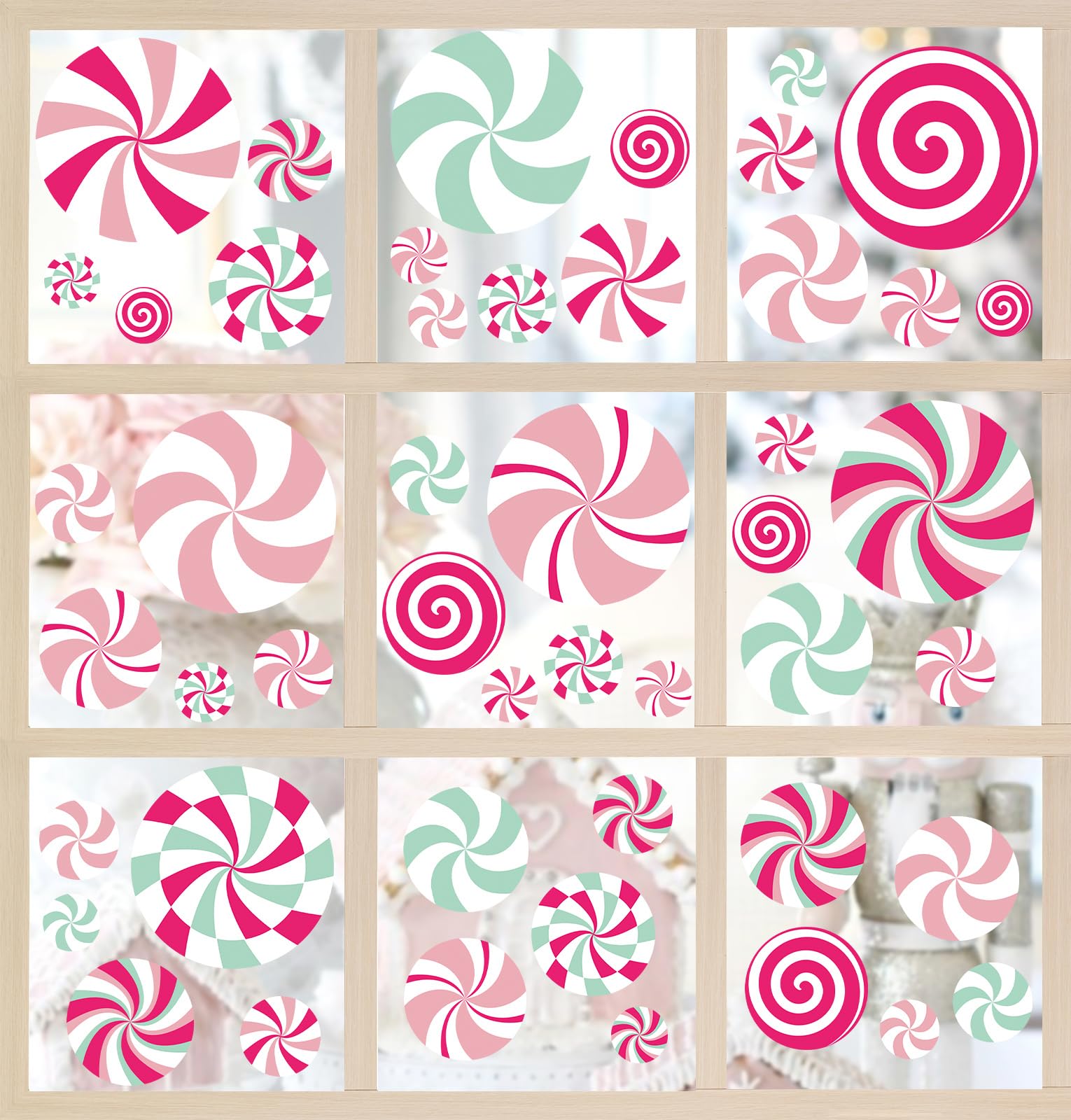 JarThenaAMCS Christmas Window Cling Pink Green Candy Window Sticker Xmas Reusable PVC Window Decal for Winter Glass Mirror Decor, 9 Sheets