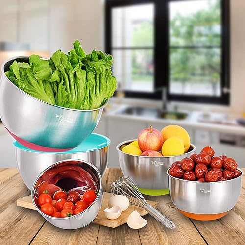 Miniatura 4 de Wildone Juego de cuencos para mezclar con tapas herméticas, 5 cuencos de acero inoxidable para cocina, con accesorios para rallador y parte inferior
