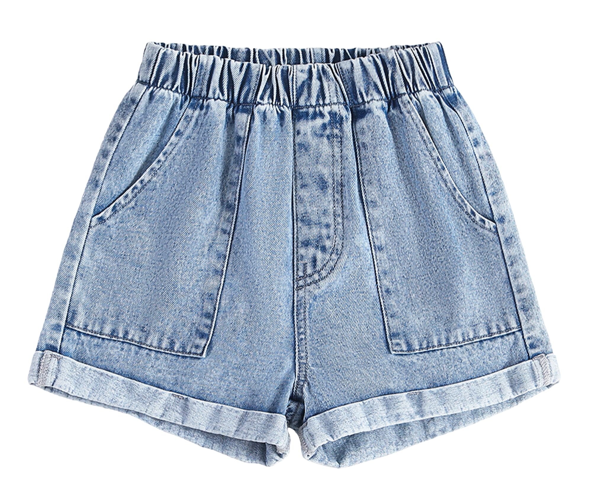 Happy Cherry Pantalones cortos de mezclilla de algodón elástico de cintura alta para niña, pantalones cortos de verano casuales con bolsillos para niños de 8 a 12 años