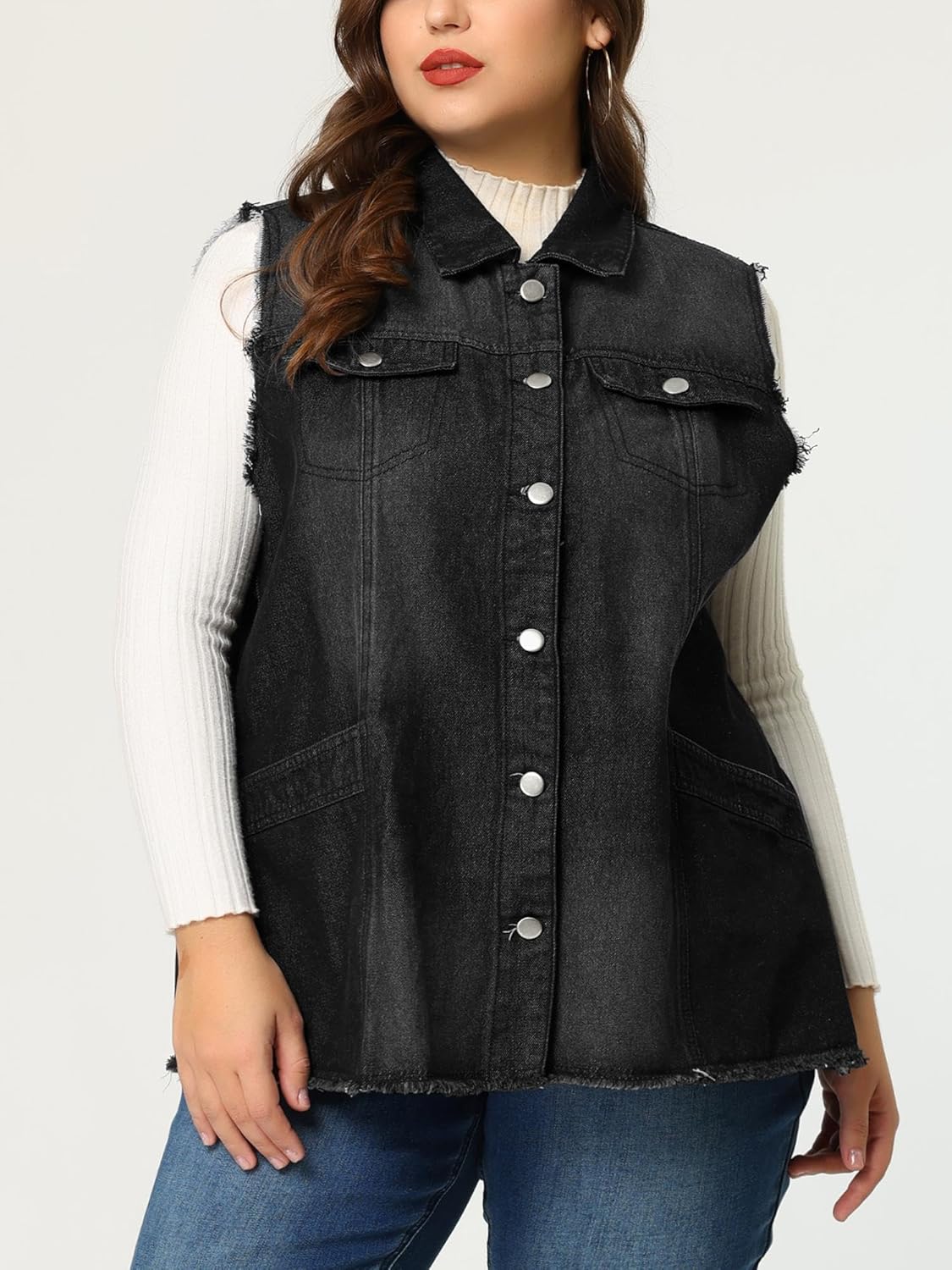 Agnes Orinda Denim Jackets for Women 2025 Plus Size Button Front Lapel Frayed Washed Sleeveless Long Jean Vest - Image 2
