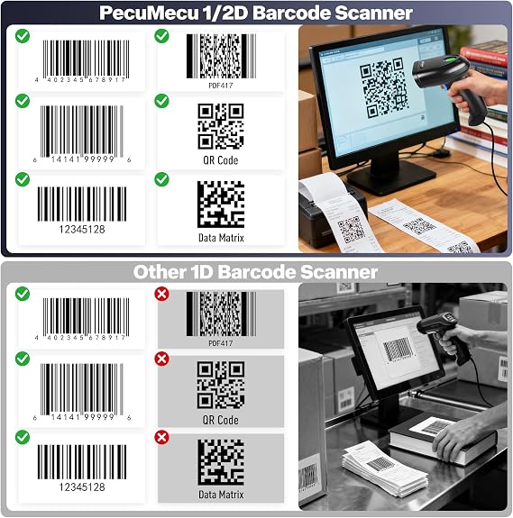 Bluetooth 2D Barcode Scanner with Stand, 3-in-1 Bluetooth & USB Wired & 2.4G Wireless QR Barcode Reader, PDF417 Data Matrix Handheld Bar Code Scanner Work with Windows, Android, iOS