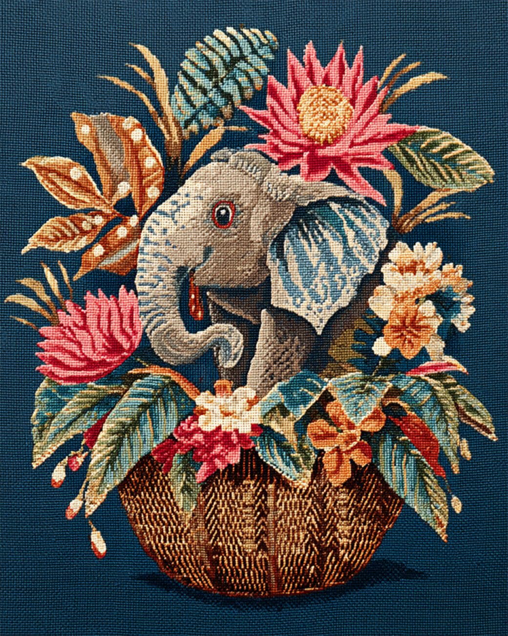 RKFLGEW DIY Seed Bead Embroidery Kits Elephant in A Flower Basket 50x70cm