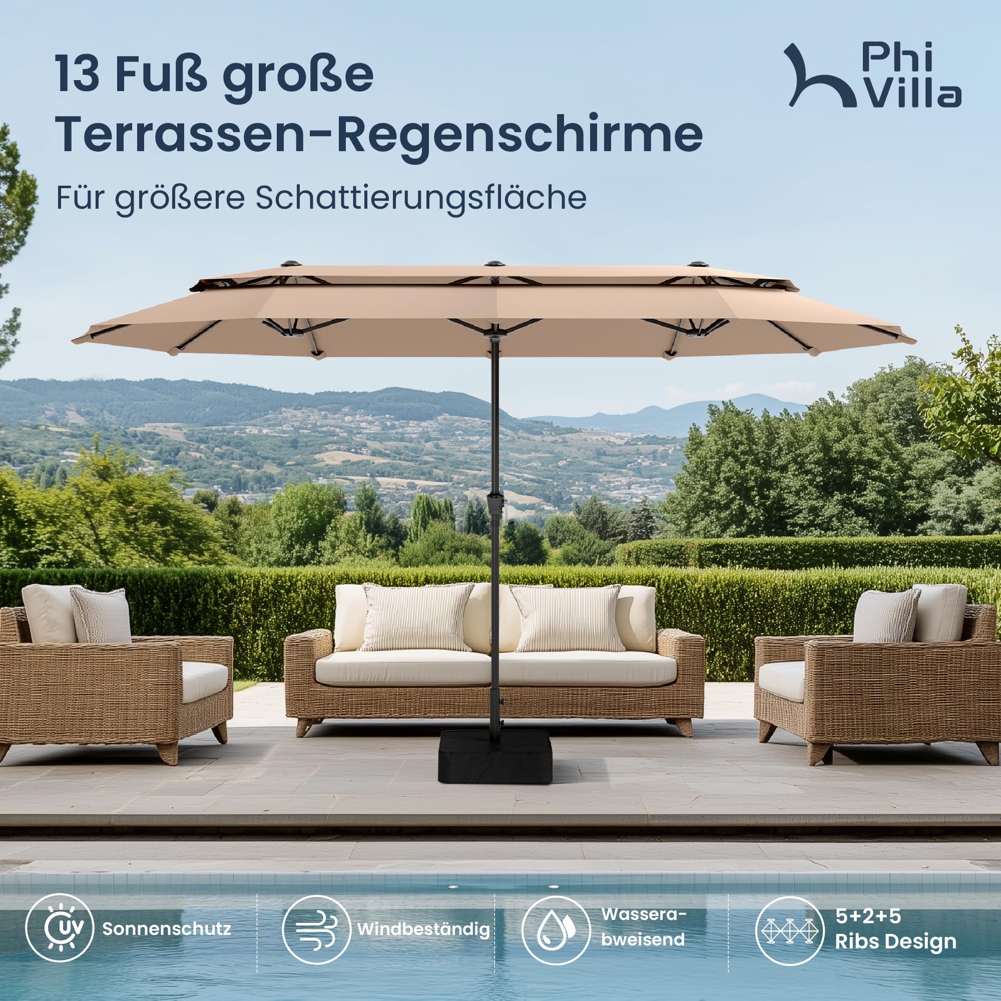 PHI VILLA Sonnenschirm Rechteckig mit Ständer, 380x200cm Doppelsonnenschirm mit Kurbel und UV-Schutz für Terrasse Garten