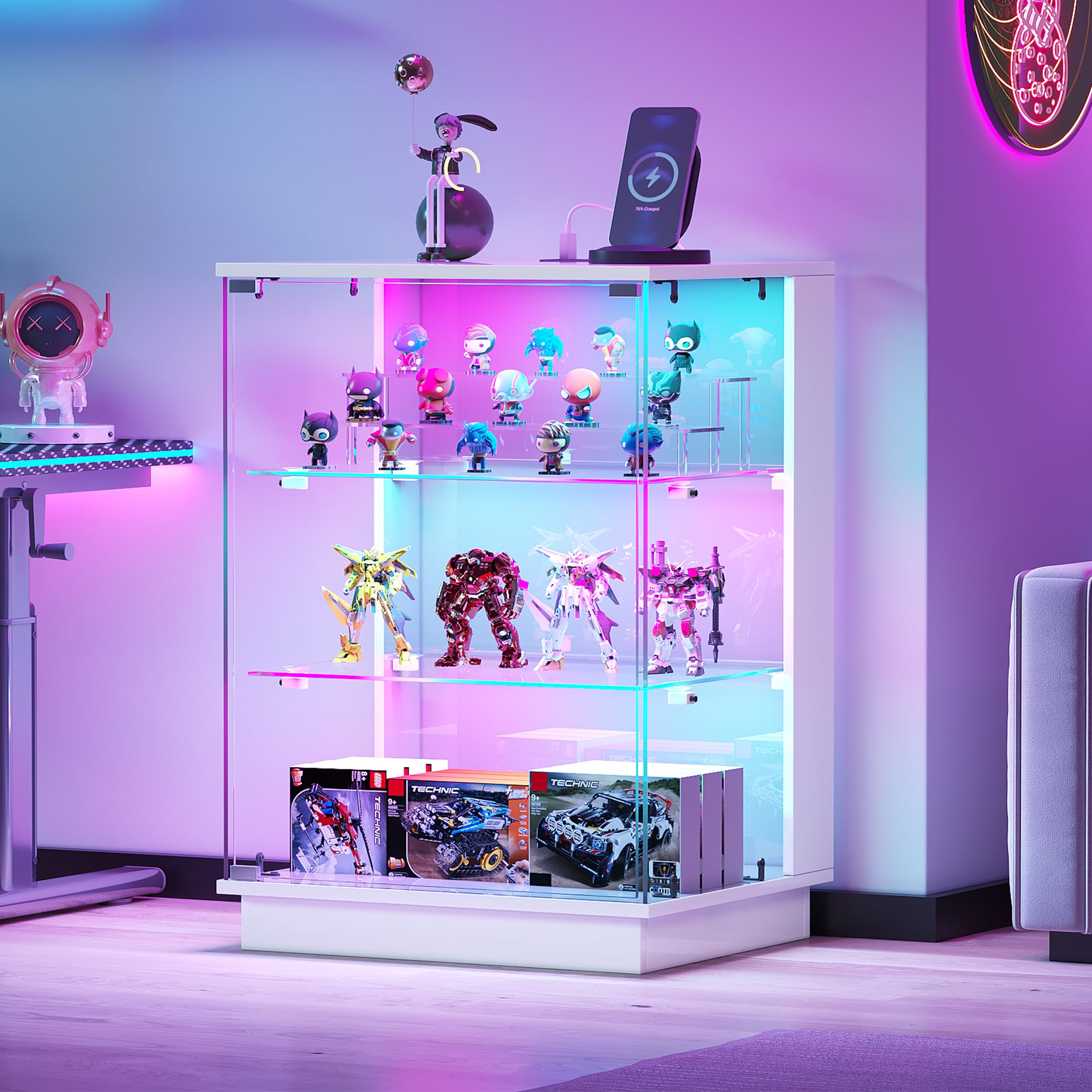 HNEBC Glass Display Cabinet with USB Charging Station&amp;LED Lights,White