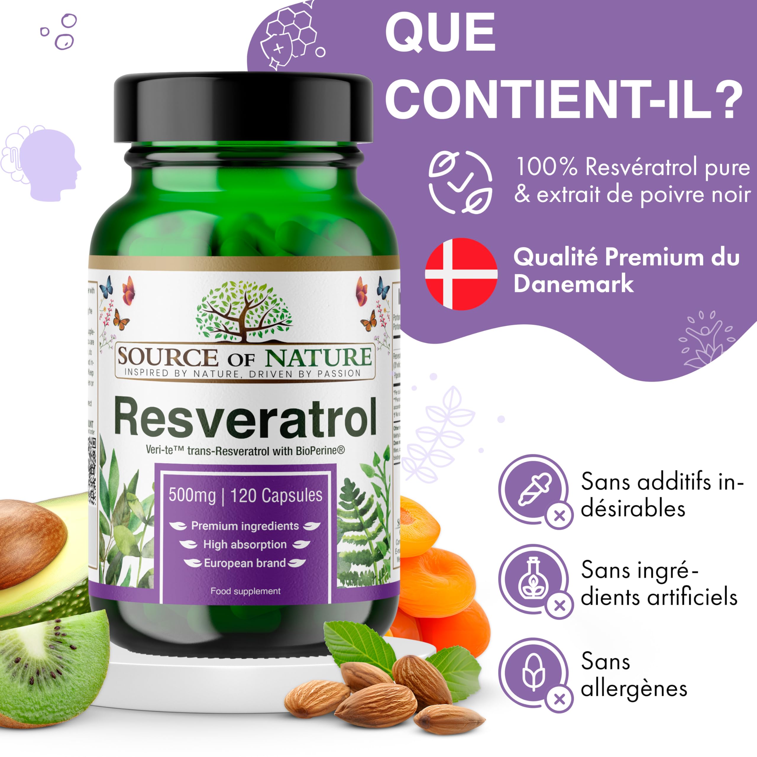 Trans-Resvératrol 500 mg | 120 gélules vegan | Haute dose | Pureté 98 % | Fermenté naturellement | Avec pipérine | Testé en laboratoire | Qualité premium