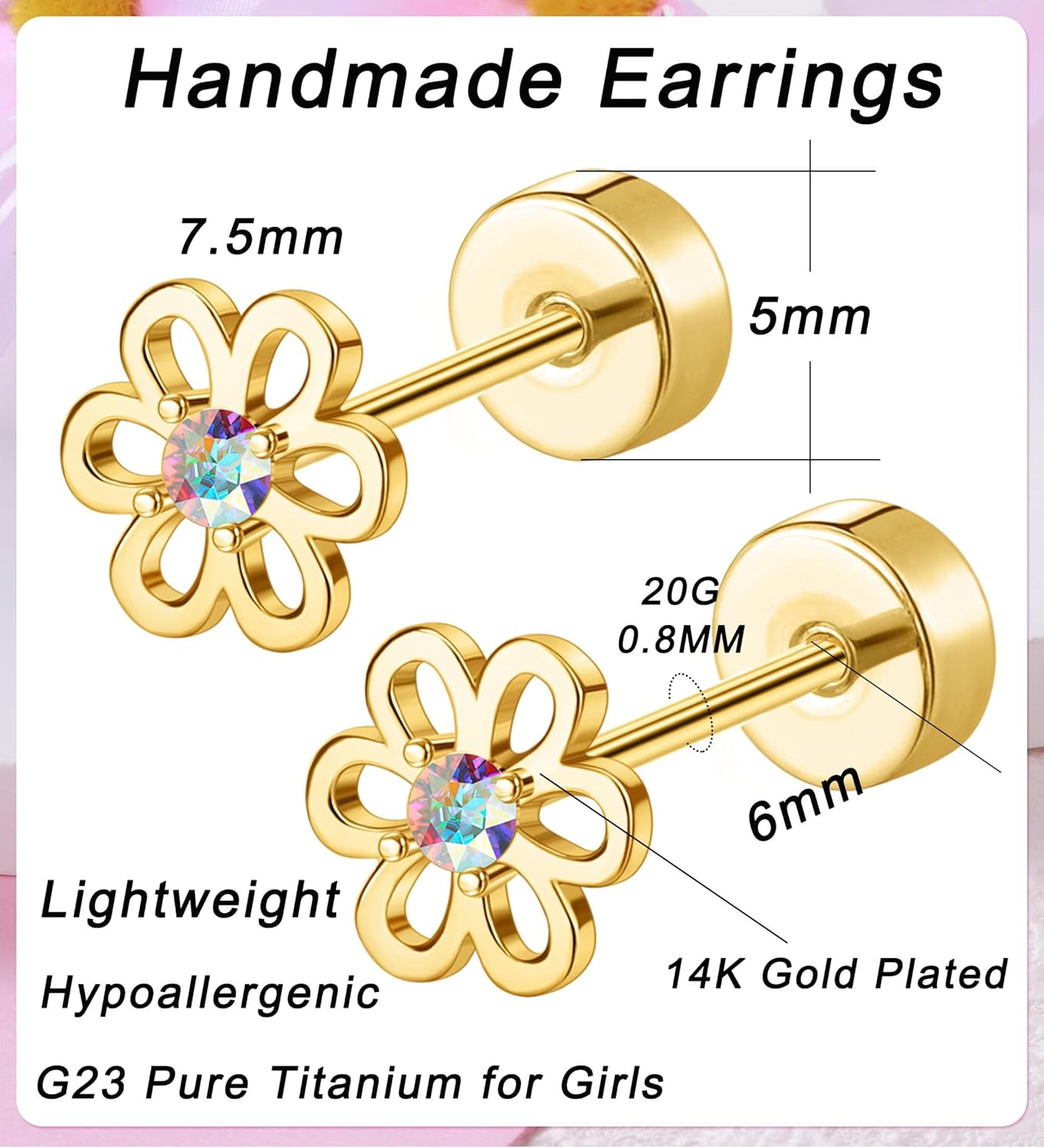 G23 Titanium Earrings for Girls 14k Gold Hypoallergenic Flat Back Earrings for Sensitive Skin Cartilage 20G Screw Back Star Heart Flower Stud Earrings for Women - Image 4