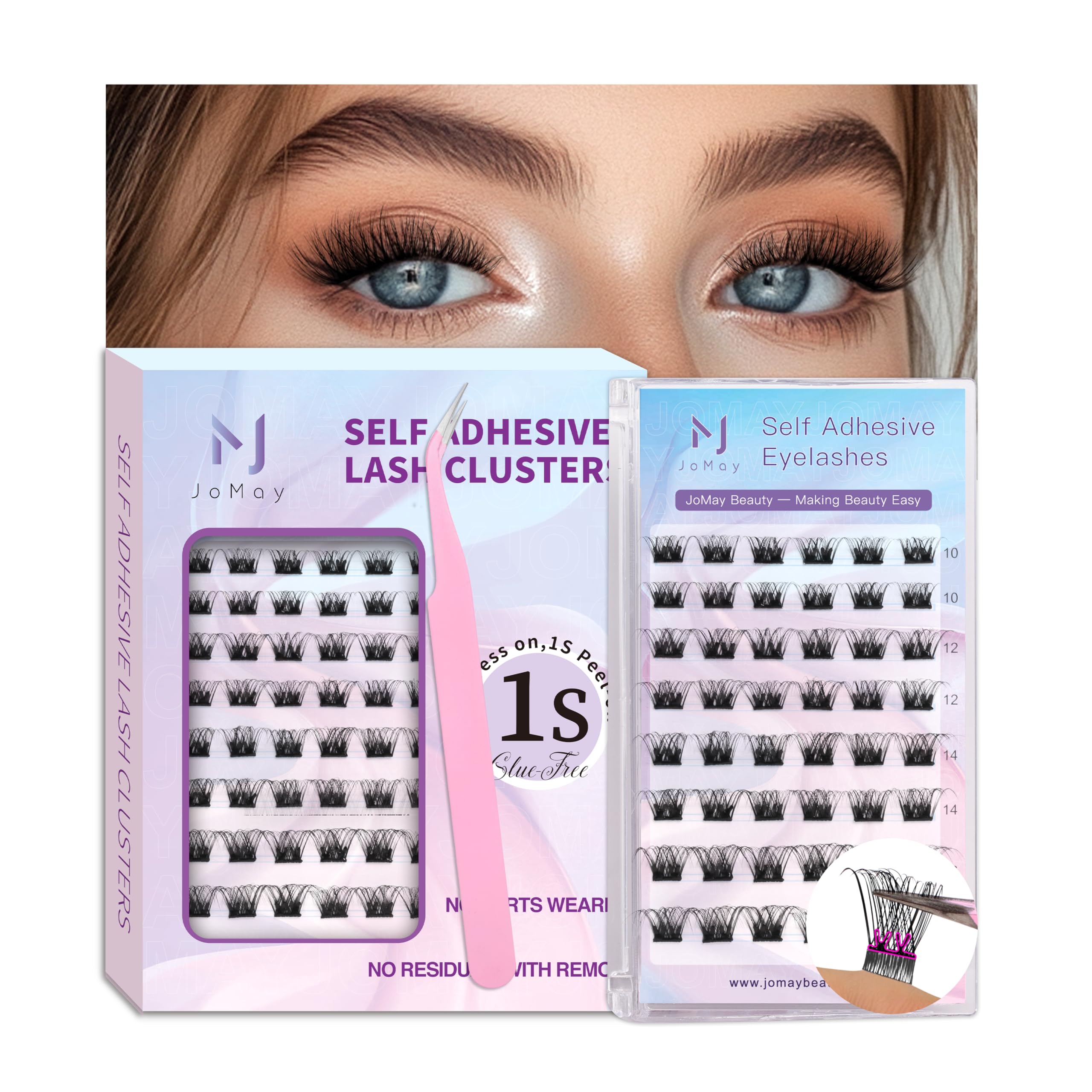 JoMay Self Adhesive Eyelashes, Press on Lashes No Glue Needed, Glueless Lashes Pre-Glued Natural Cluster Extension Kit D Curl For Beginners, No Sticky