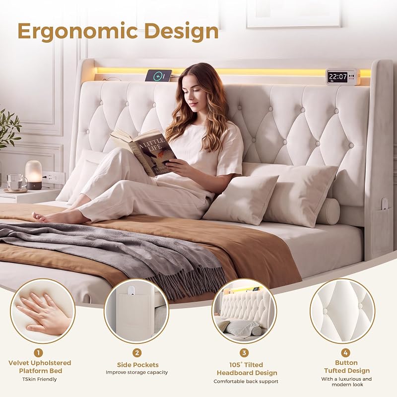 Jocoevol Queen LED Velvet Bed Frame with 2 Storage Drawers&Hidden Headboard image 5