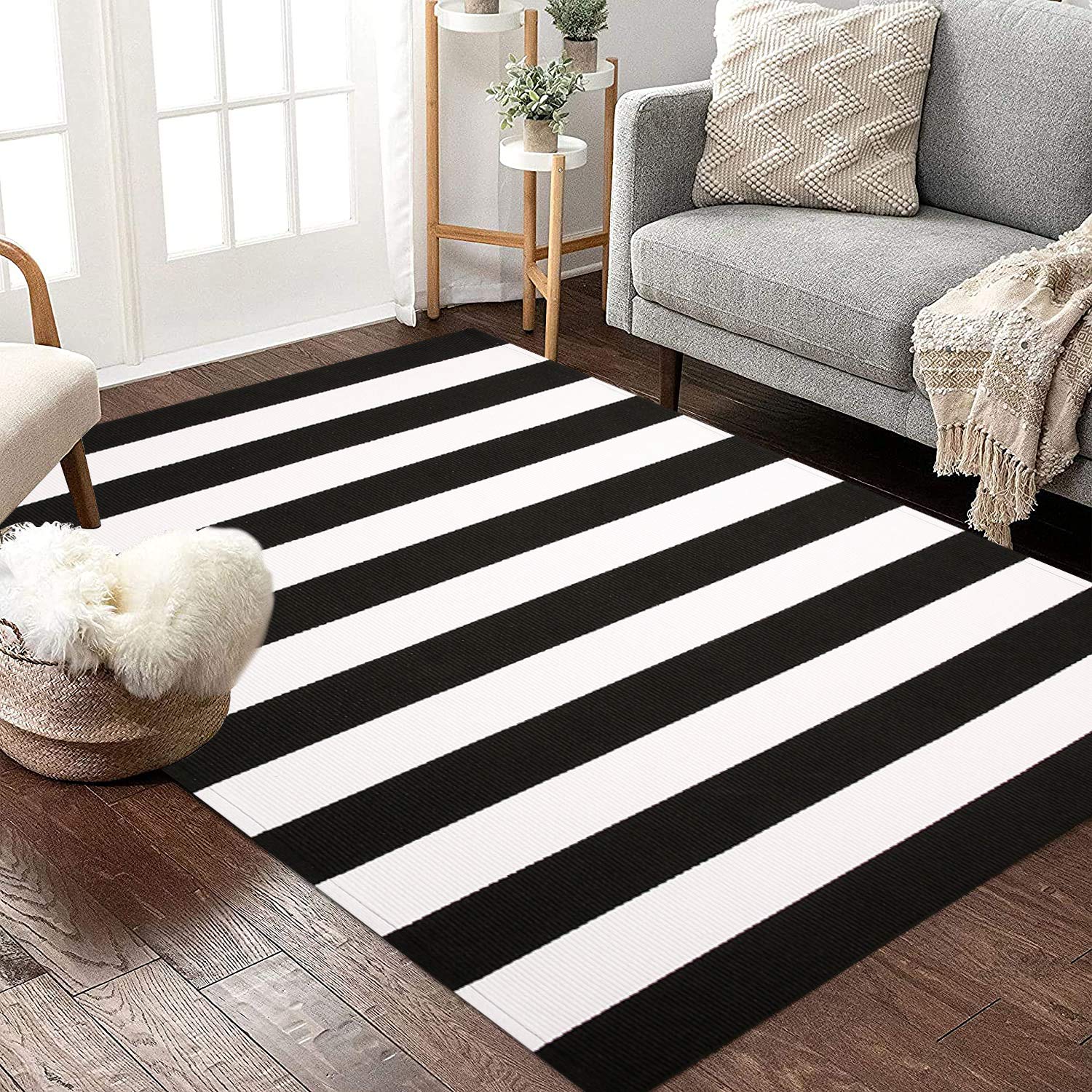 Buy KOZYFLY Black and White Striped Area Rug 3x5 Ft Front Door Rug Hand Woven Cotton Washable