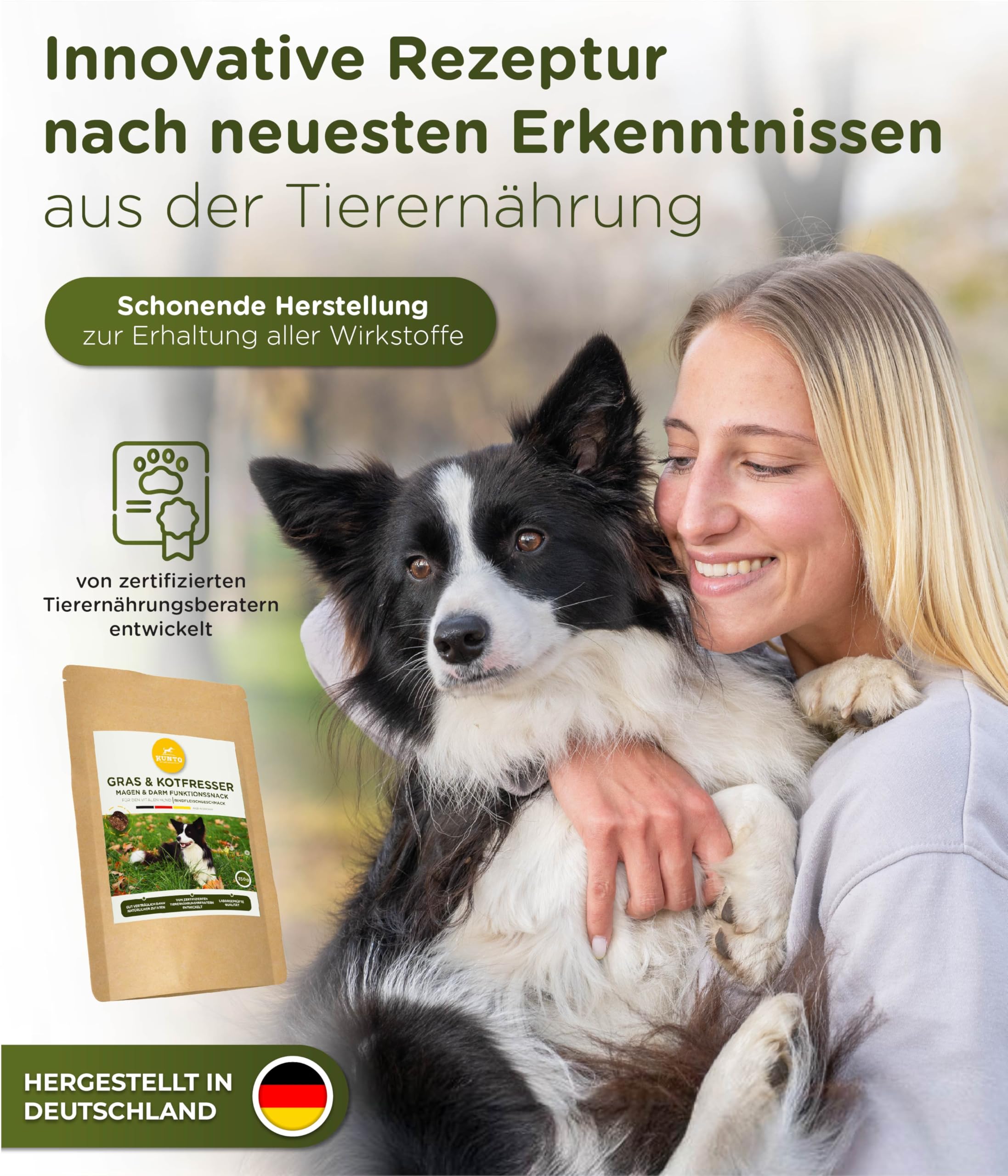 KUNTO® Gras und Kotfresser Drops Hund – Grasfresser und Anti-Kotfressen Hilfe bei Sodbrennen, Übersäuerung und Magenschutz – Natürliche Kräuter, Rindfleischgeschmack – Deutsche Herstellung (350g)