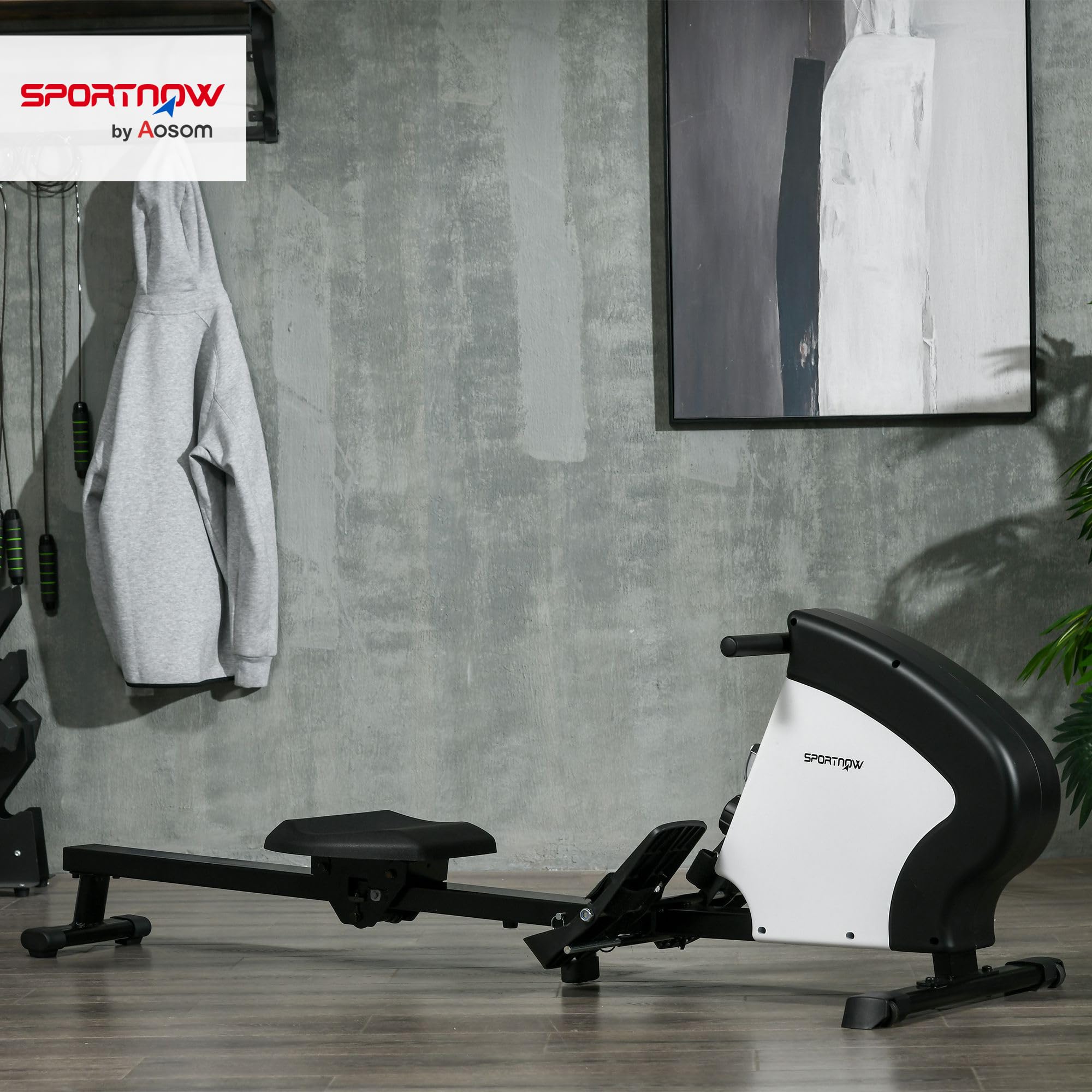 SPORTNOW Rameur d'appartement Pliable, Aosom.FR x FFHandball, avec freinage magnétique Silencieux, 8 Niveaux de résistance, écran Multifonction LCD, en Acier Noir Blanc