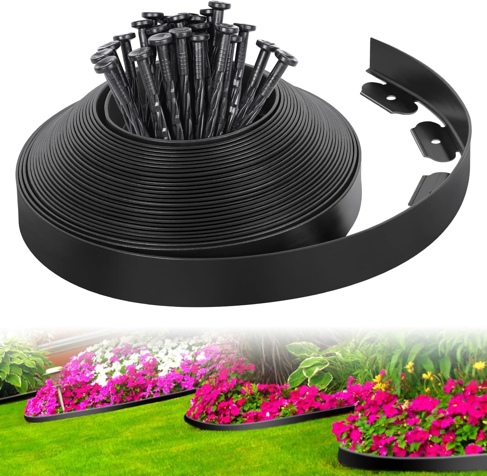 2-Inch x 33 FT Landscape Edging Border with 50 Spikes, Garden Edging Border Lawn Edging, Plastic Edging for Landscaping Flower Beds Yard Pathway Paver Edging (Black)
