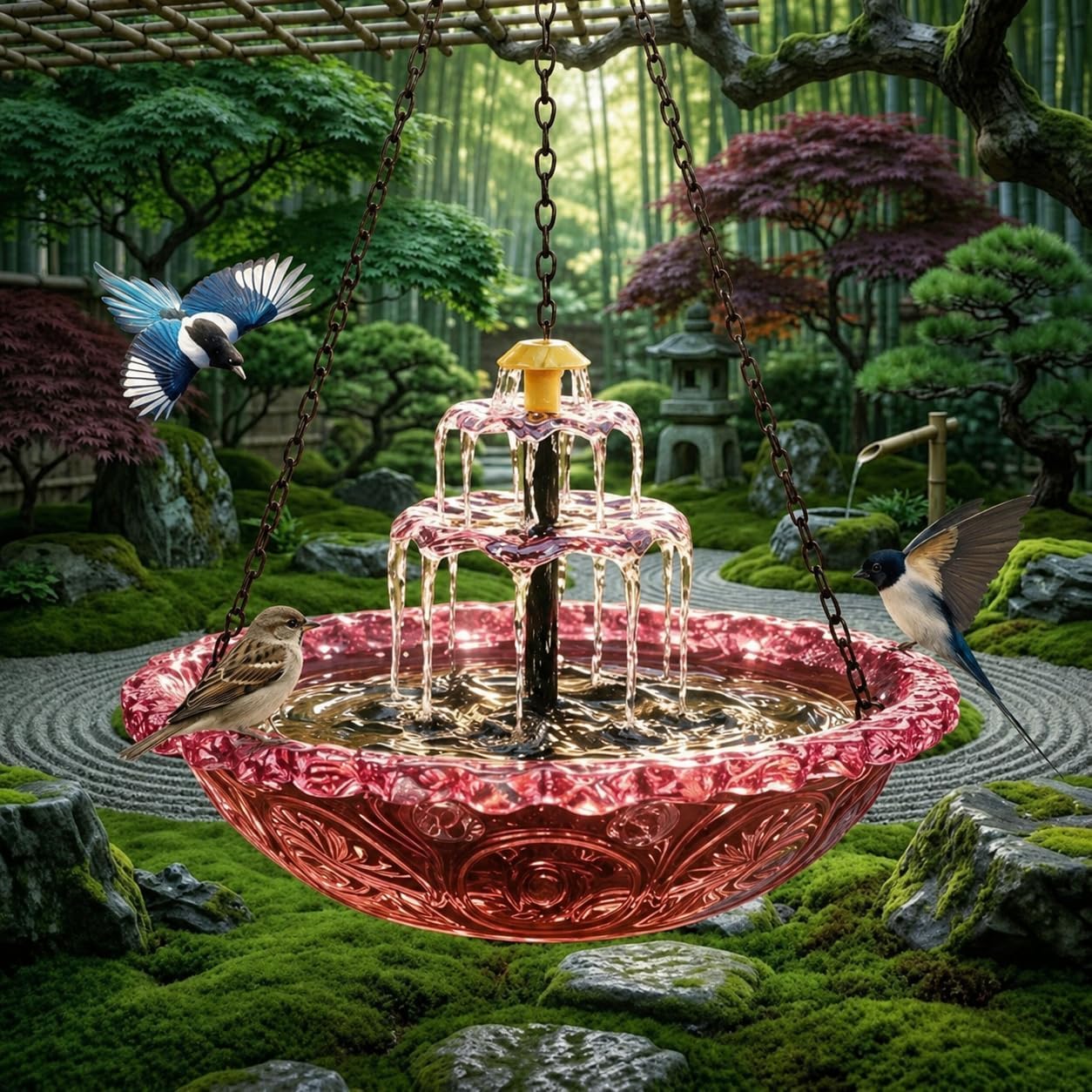 Solar Cascade Hanging Bird Bath Fountain - 12-Inch Blue Glass Bowl with Built-in Solar Pump, Outdoor Tiered Water Feature for Wild Birds, Garden, Patio & Yard Decor (Pink)