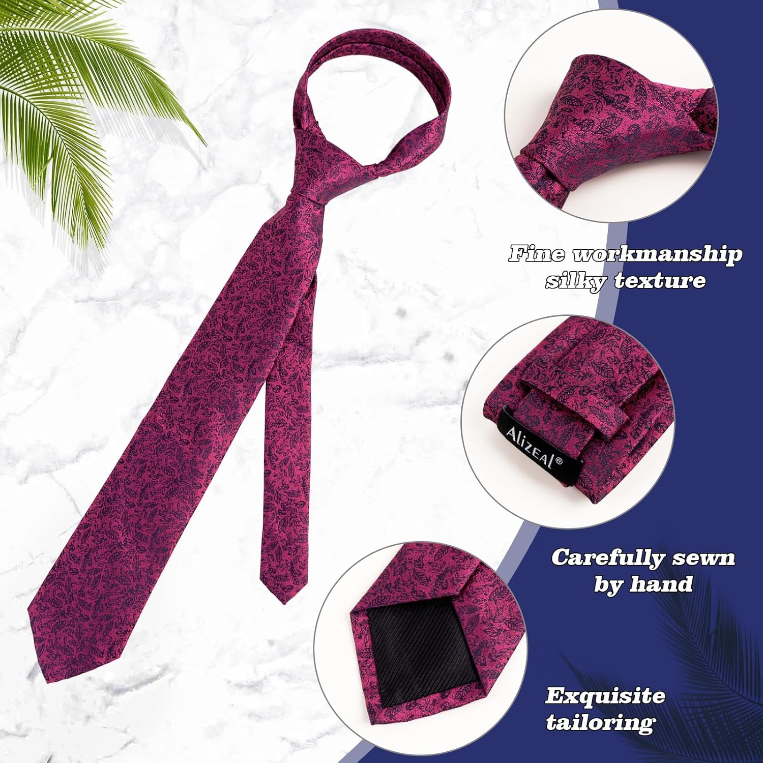 Alizeal Mens 3.15'' Leaf Flower Pattern Tie with Floral Pocket Square Set, Magenta - Image 5