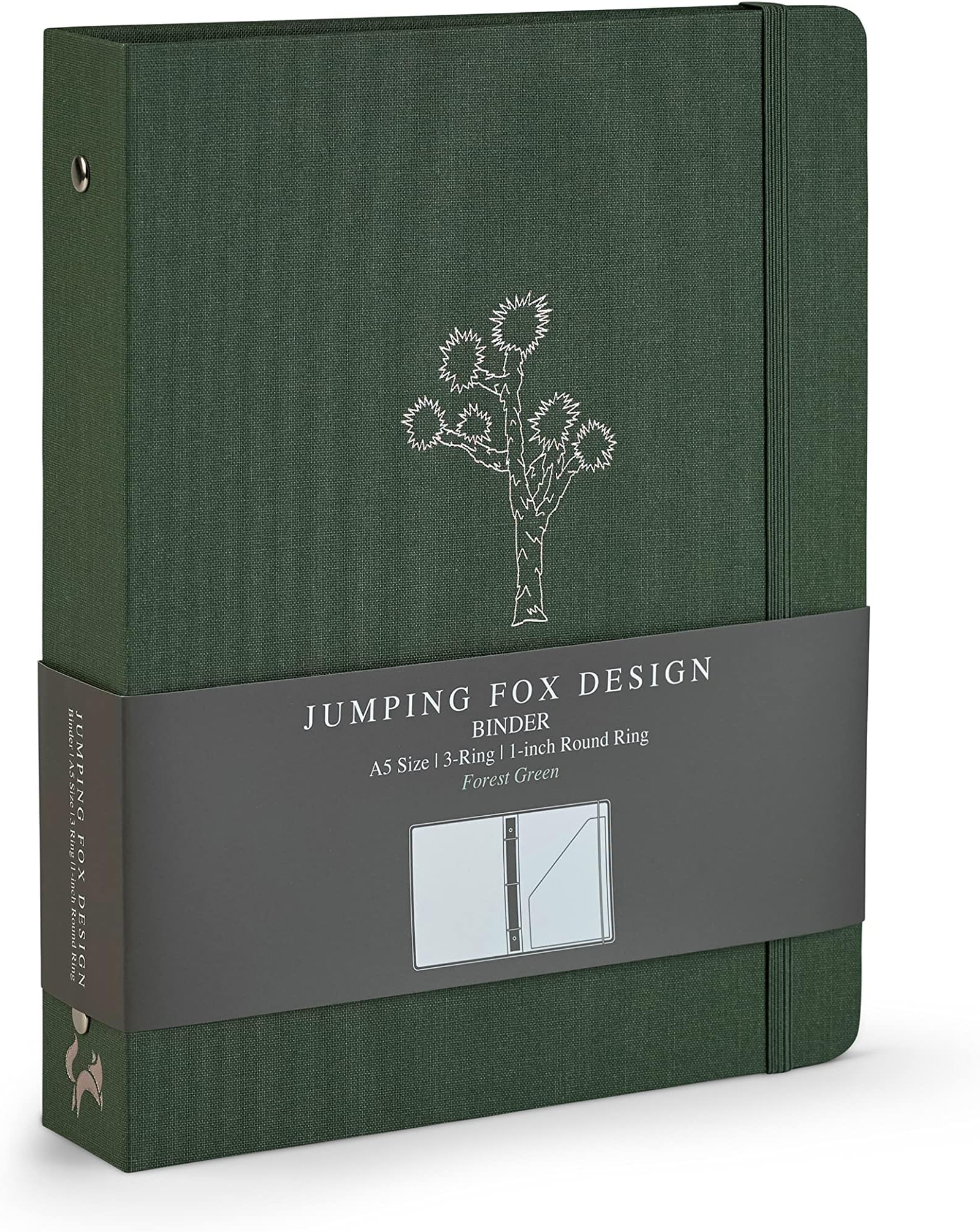 Jumping Fox Design Linen Fabric A5 Binder, 3 Ring 1 Inch Small Binder, for 3 Hole Punch A5 Paper 5.8" x 8.3" (A5 Size, 3 Round Ring, 1", Forest Green – Joshua Tree)
