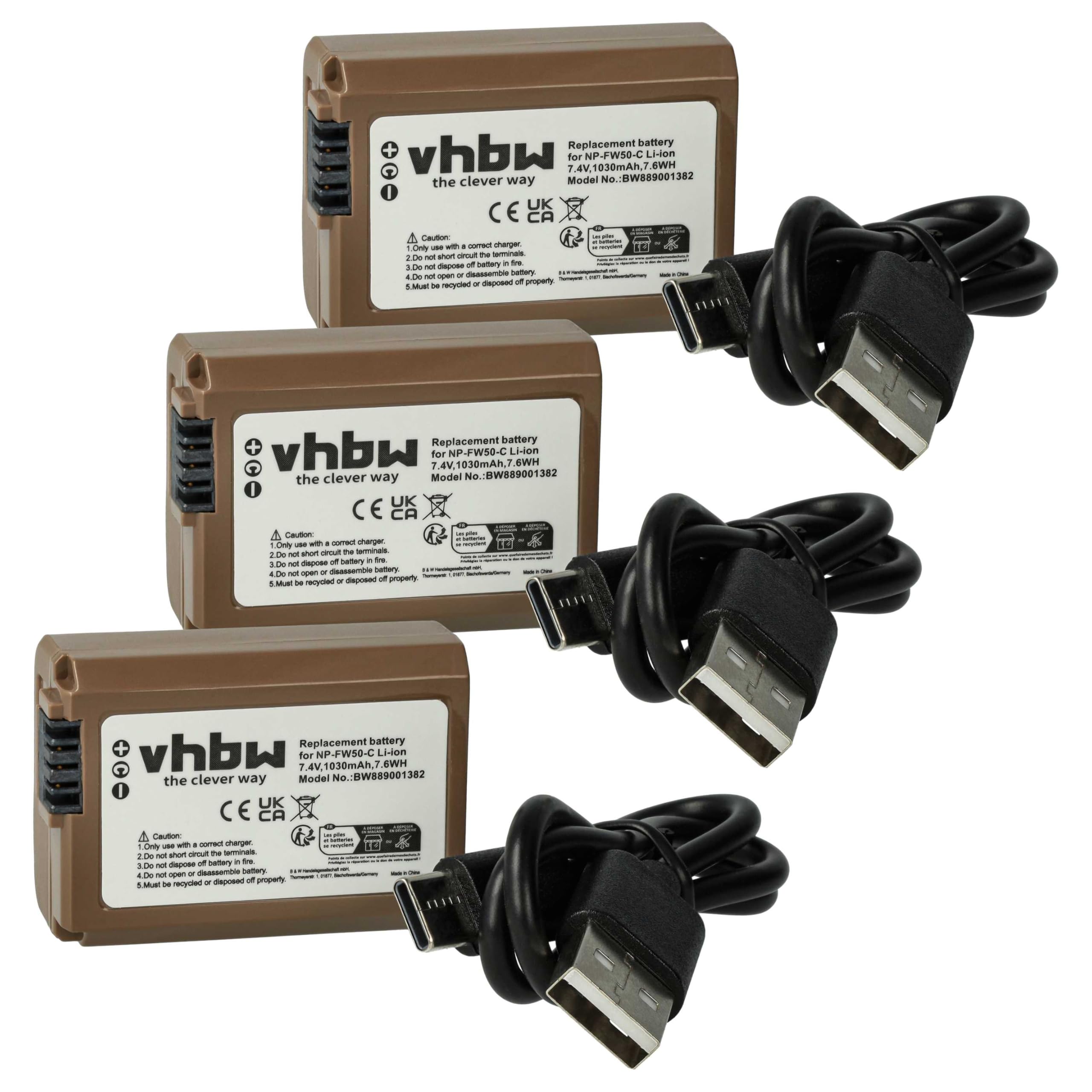 vhbw 3 x bateria kompatybilna z Sony RX1R III Camera (1030 mAh, 7,4 V, Li-Ion), infochip, gniazdo USB-C