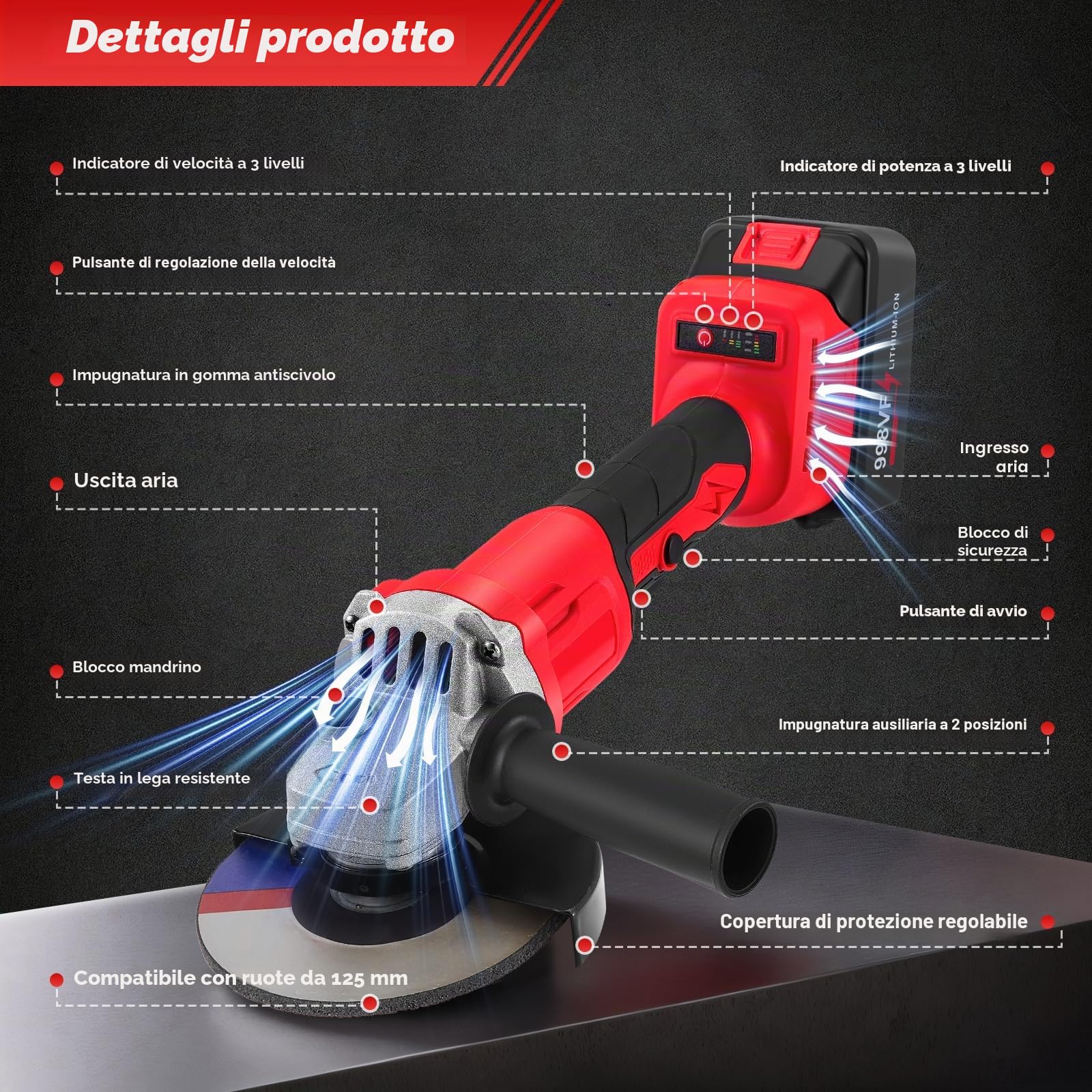 Smerigliatrice Angolare a Batteria 21V, 125mm Smerigliatrice angolare senza fil con 2 batterie 3.0Ah, 13500 RPM, 3 Velocità con ruote da taglio, levigatrice lamellare per taglio e macinazione