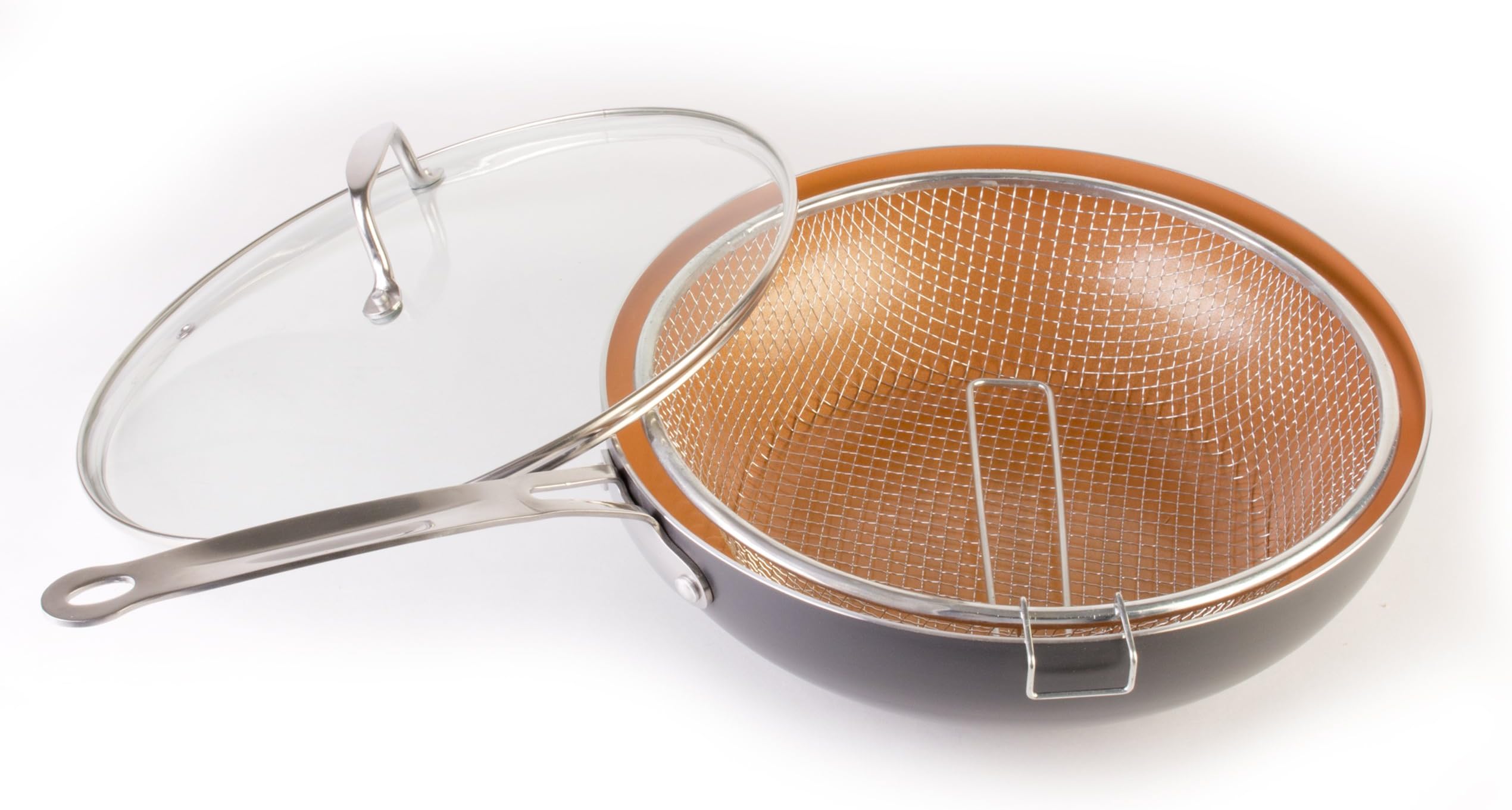 Flamin'N Go 11" Copper Wok Set, Ceramic Non-Stick Coating PFOA Free With Glass Lid And Basket
