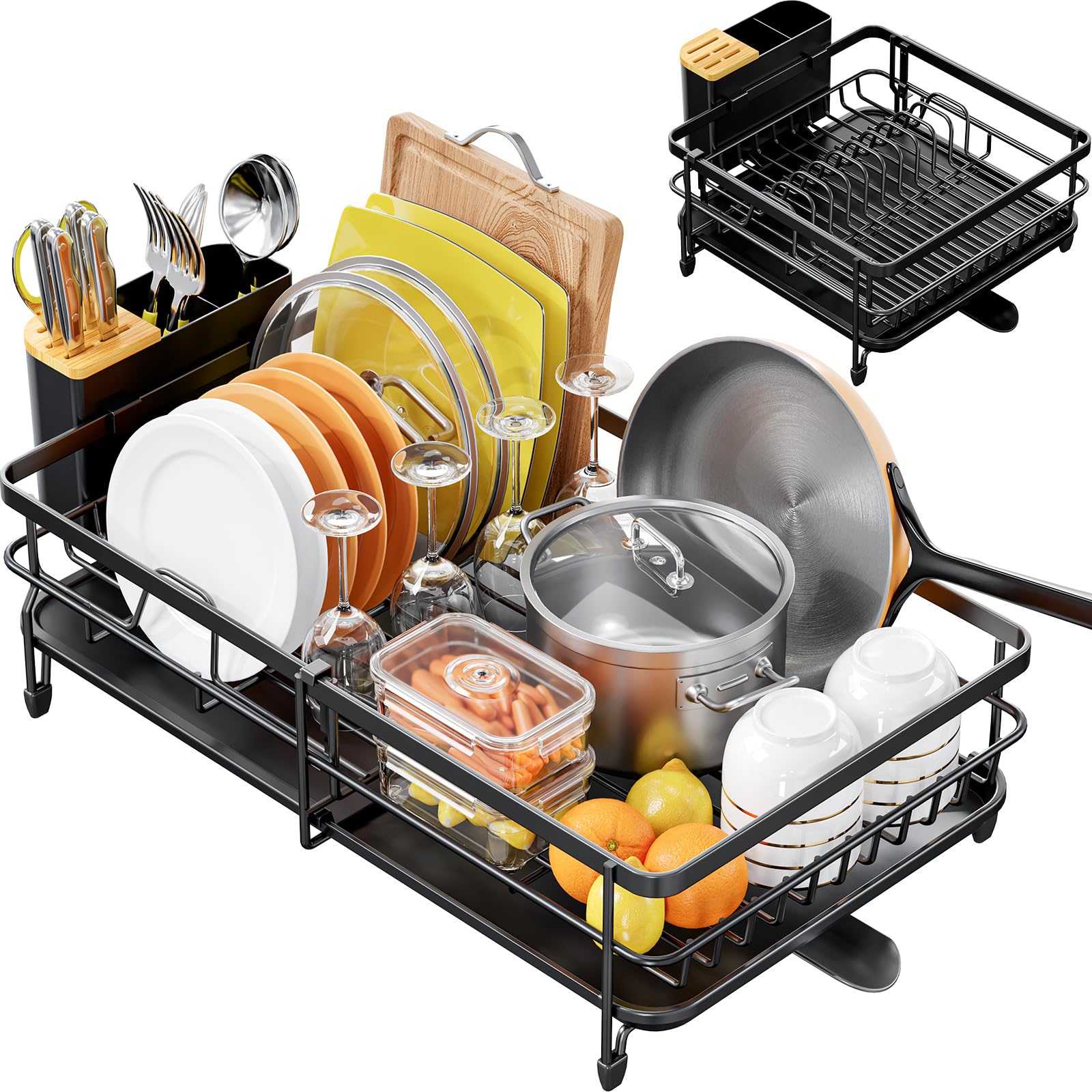 kingrack Escurreplatos, Escurridor de Platos Extensible de Gran Capacidad, Escurreplatos Acero Inoxidable con Soporte para Cubiertos Extraíble, Escurreplatos Negro de Cocina