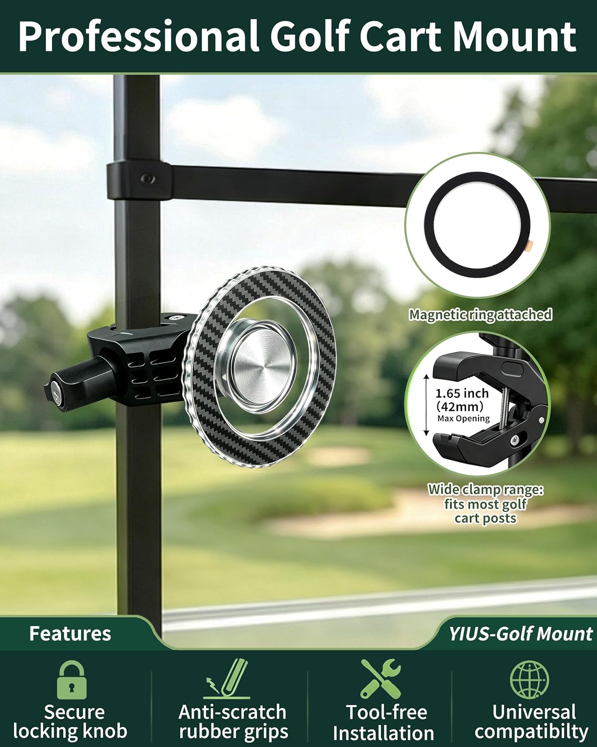 YIUS Magnetic Golf Cart Phone Holder, Golf Accessories for Men Dad Husband, Clip-On Fits EZGO Club Car Yamaha, 360° Rotation, Magnetic Ring Included, Unique Golf Gifts for Men Father's Day image 2