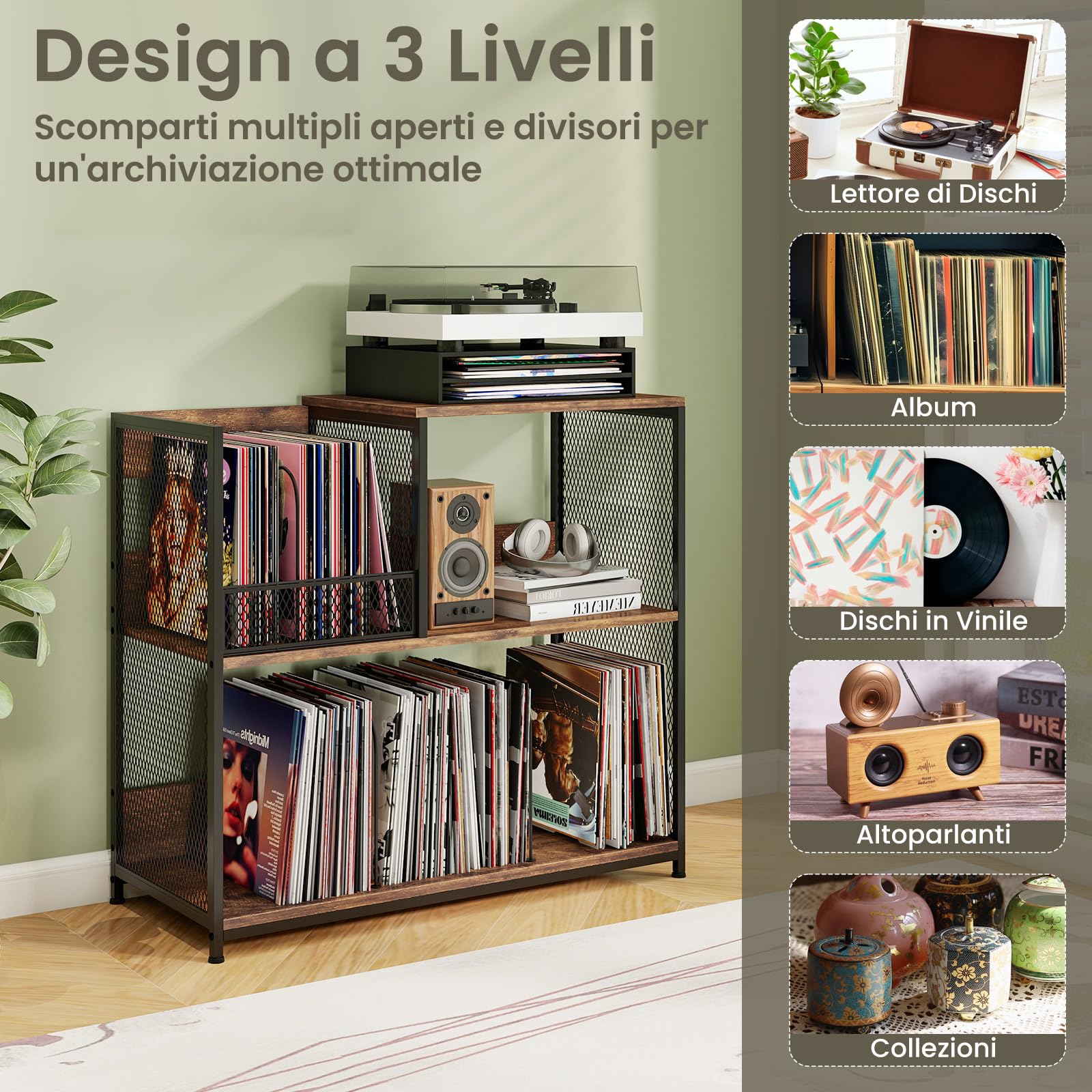 RELAX4LIFE Supporto per Giradischi, Porta Giradischi Vinili a 3 Ripiani, Mobiletto Multiuso Espositore per Ufficio, Soggiorno, 83 x 36 x 76,5 cm