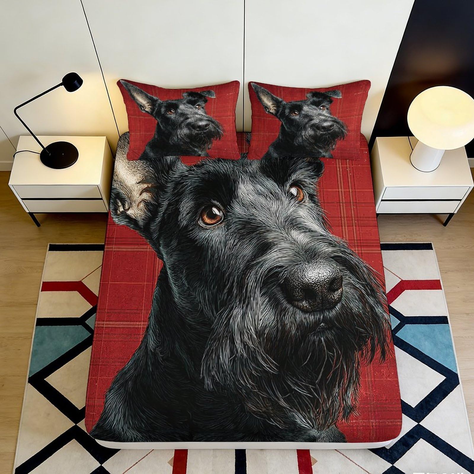 3D Printed Black Scottish Terrier Fitted Sheet Microfiber Anti-Slip Plaid Dog Mattress Cover Bedroom Decor 180x200x25cm