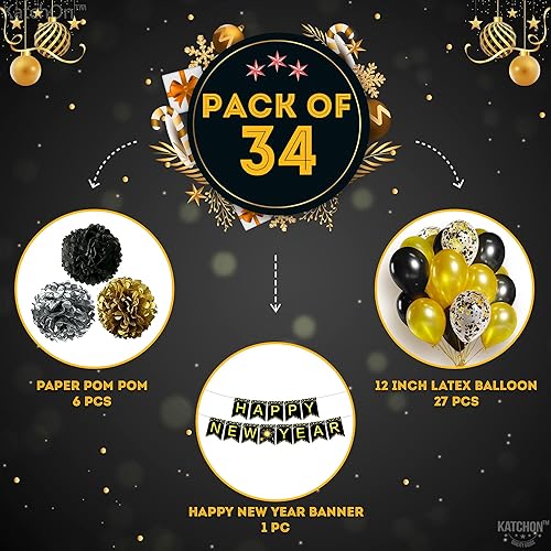 Miniatura 2 de KatchOn, Suministros para fiestas de Año Nuevo 2026 – Paquete de 34 | Cartel de feliz año nuevo de 10 pies con pompones | Fondo negro y dorado para