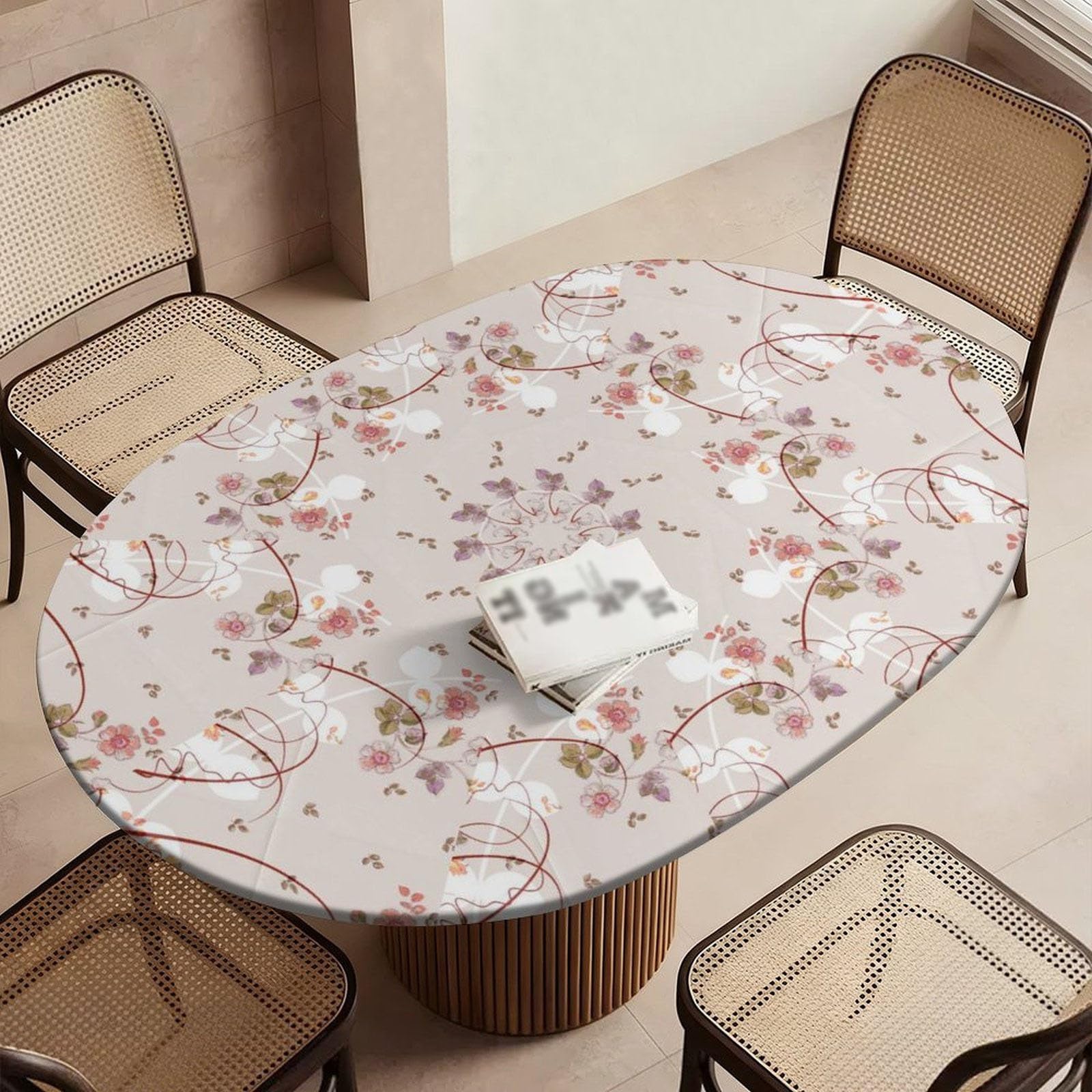 Highdi Waterproof Oval Tablecloth Cover - Oxford Cloth - Elastic Fitted for Kitchen/Garden Oval Tables, Stain-Resistant Wipe-Clean Floral Printed Table Cover (White flowers,127x172cm)