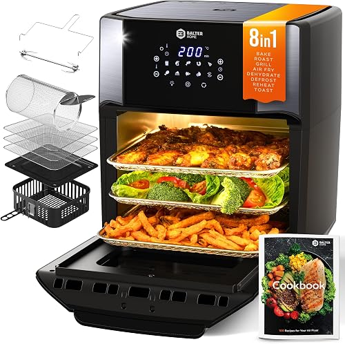 Balter Air Fryer Oven 6-in-1, 13 QT XXL Airfryer, stainless steel, Touchscreen, Rotisserie, Food Dehydrator, Convection Oven, Bake, Broil, Reheat, Windowed Door, Recipe Book