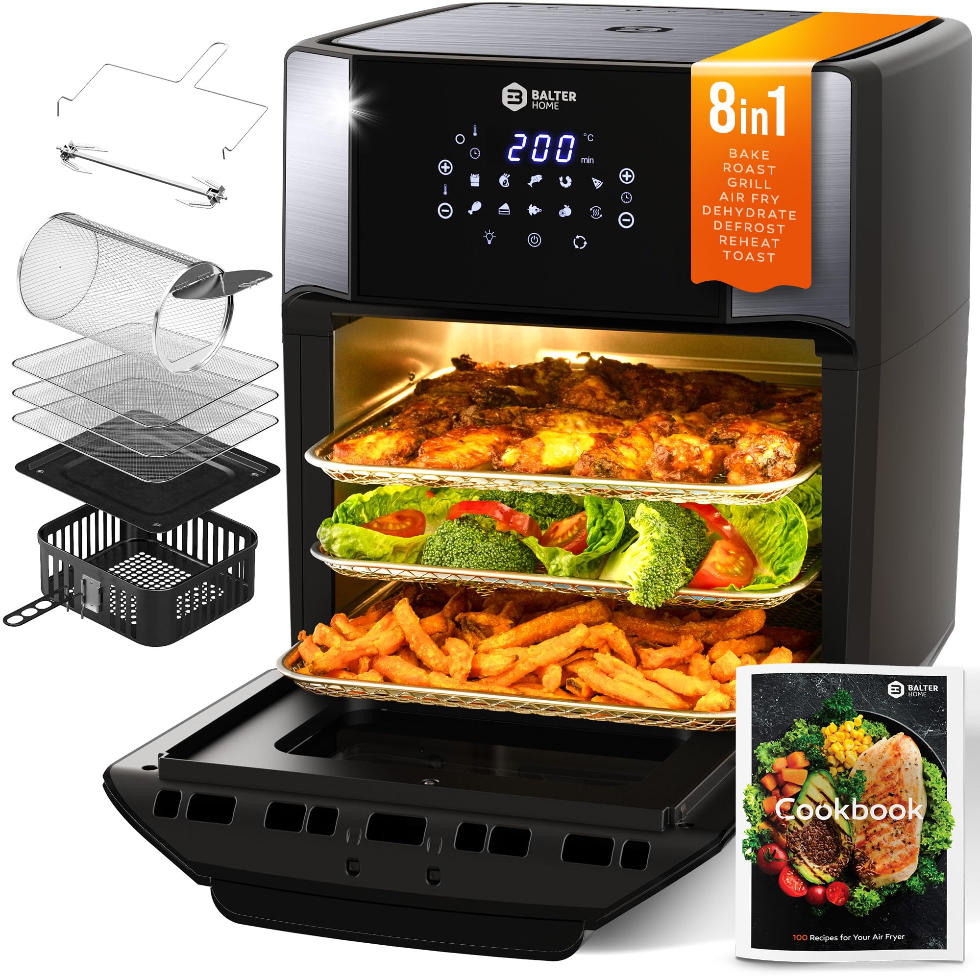 Balter Air Fryer 12L XXL, 8-in-1 AirFryer, Mini Oven & Dehydrator with Rotisserie, 10 Programmes, Viewing Window, 30-200C, Dishwasher-Safe Accessories, Recipe Book Included