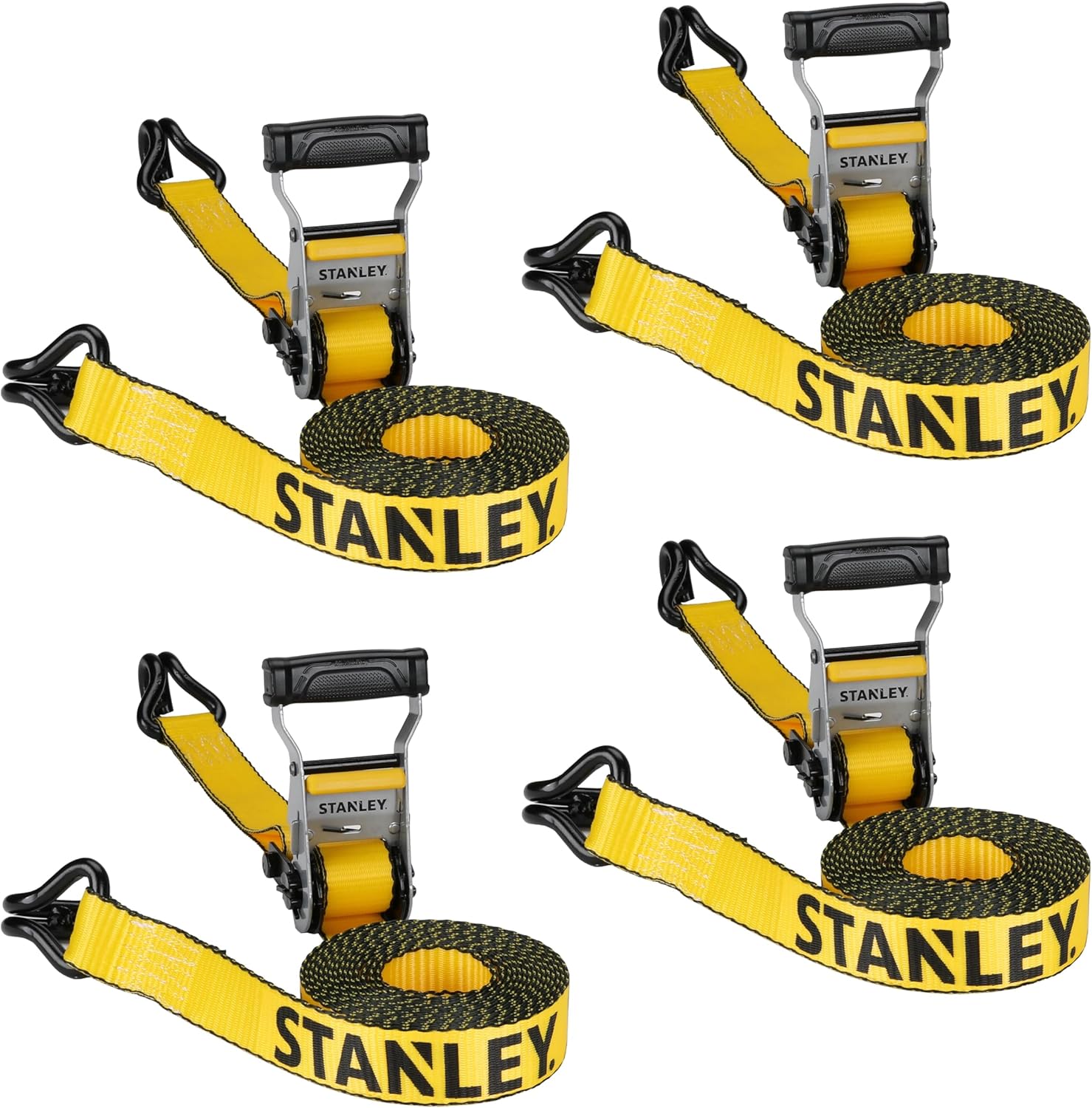 STANLEY S50002-2 Black/Yellow 1.5" x 16' Heavy-Duty Ratchet Straps (5,000 lb Break Strength), 4 Pack