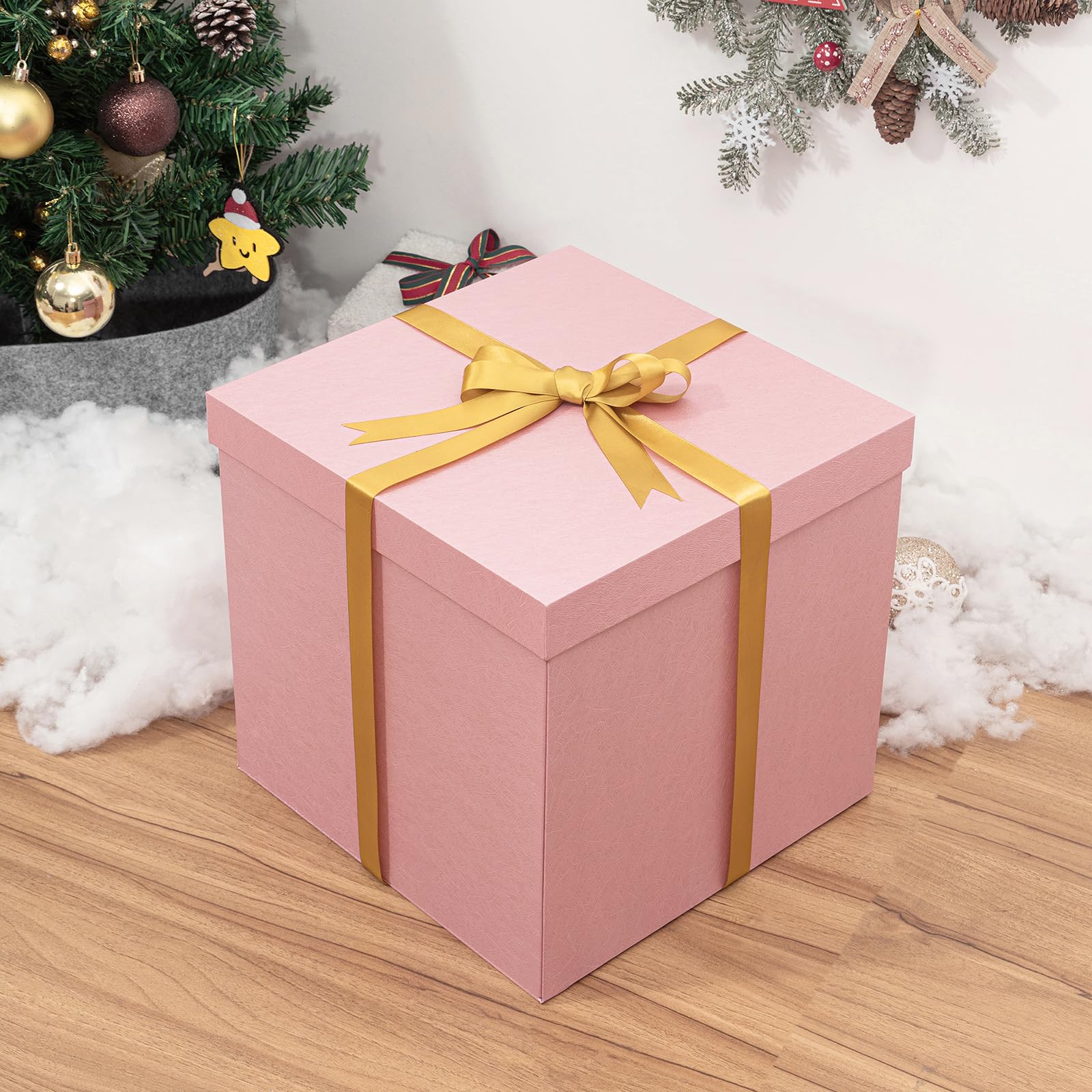 Mefleet Large Gift Box with Lid for Presents 12x12x12 Inches Extra Big Deep Square Pink Boxes 1 Pack for Christmas, Birthday, Valentine's Day, Mother's Day - Contains Crinkle Paper, Ribbon and Card