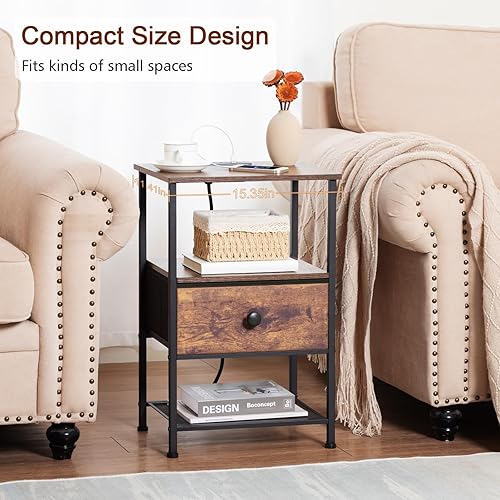 Miniatura 7 de Juego de 2 mesitas de noche con estación de carga, mesas auxiliares para sala de estar con cajón de tela para espacios pequeños, mesas auxiliares de