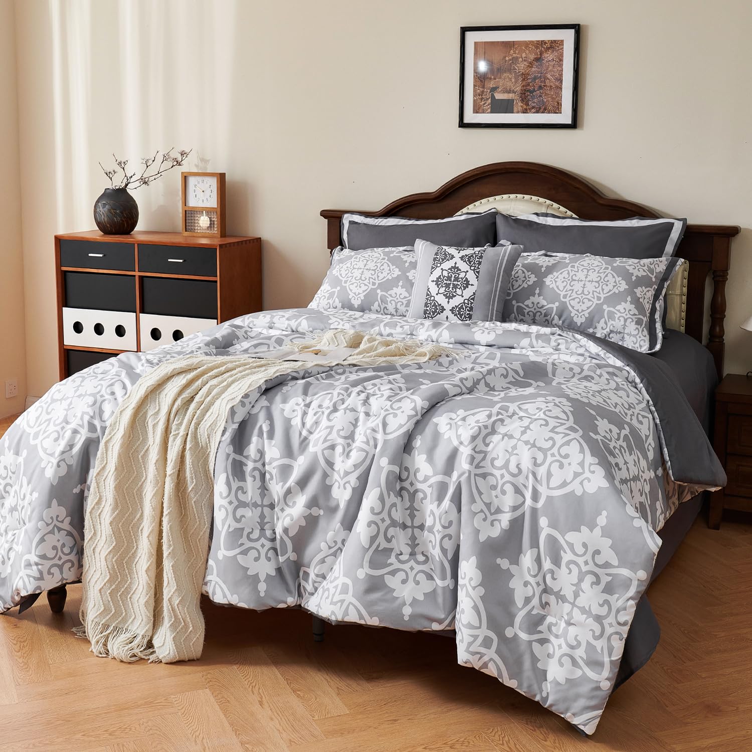 EVENHUG Queen Comforter Set 7 Pieces Lightweight Soft Queen Size Comforters for All Season Floral Bedding Sets Bed in a Bag with Flat Sheet and Fitted