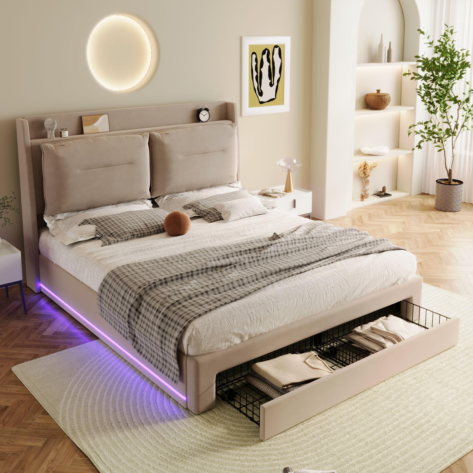 Letto 180x200 con LED e cassetti, letto imbottito 180 x 200 cm, con vano portaoggetti e testiera, letto matrimoniale con rete a doghe, letto giovanile idraulico in velluto, beige, senza materasso