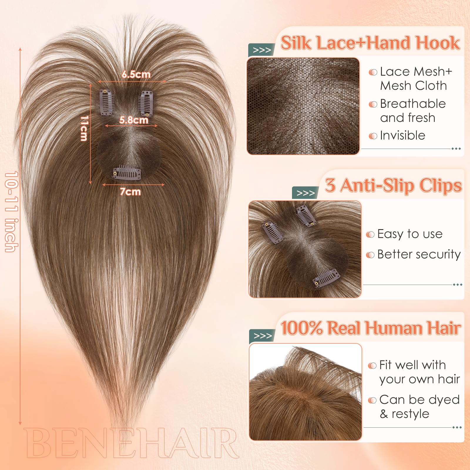 Benehair Haar Toppers für Frauen Echthaar Topper für Dünner Werdendes Haarteil #04 Schokoladenbraun Leichtes Toupets für Frauen Mit Pony-14g 27 CM