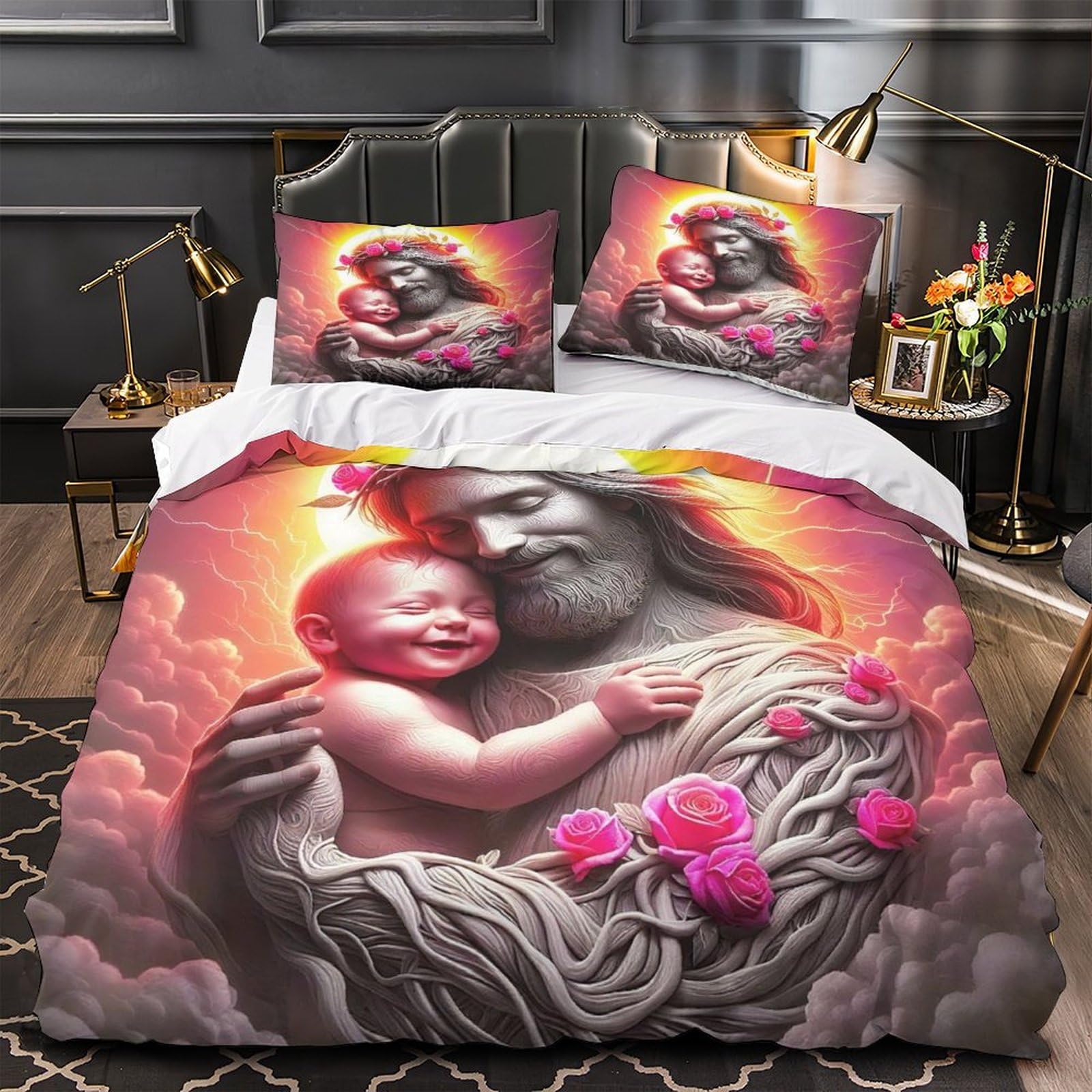 Housse de couette Jésus 3D à fermeture éclair cachée pour éviter que la couette glisse