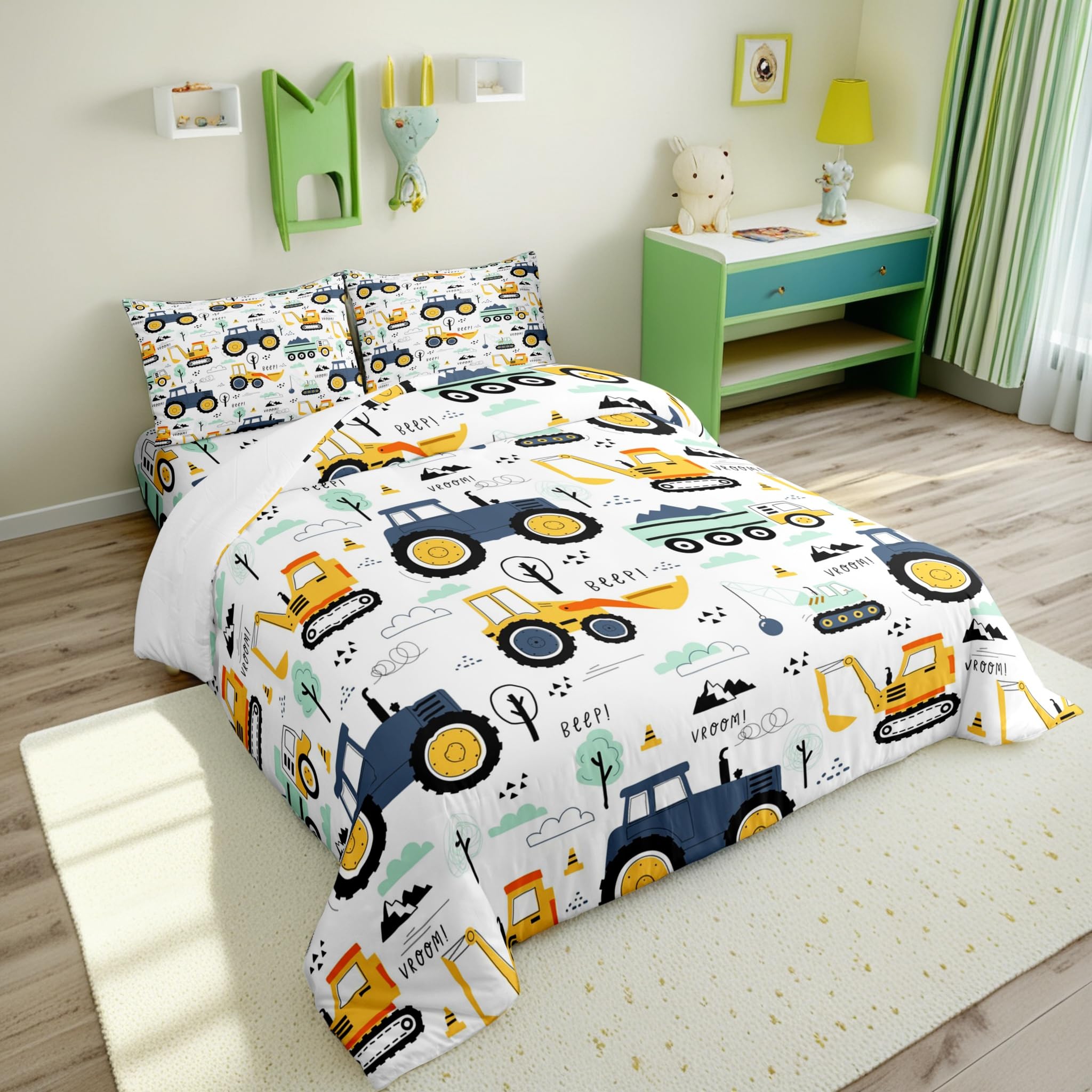 Homewish Bagger Bettwäsche Kinder 155X220, Cartoon Auto für Mädchen Jungen Jugendliche Bettbezug Süß Auto Muster LKW Traktor Wendebettwäsche Schlafzimmer Dekor Mikrofaser Mit 80X80 Kissenbezug