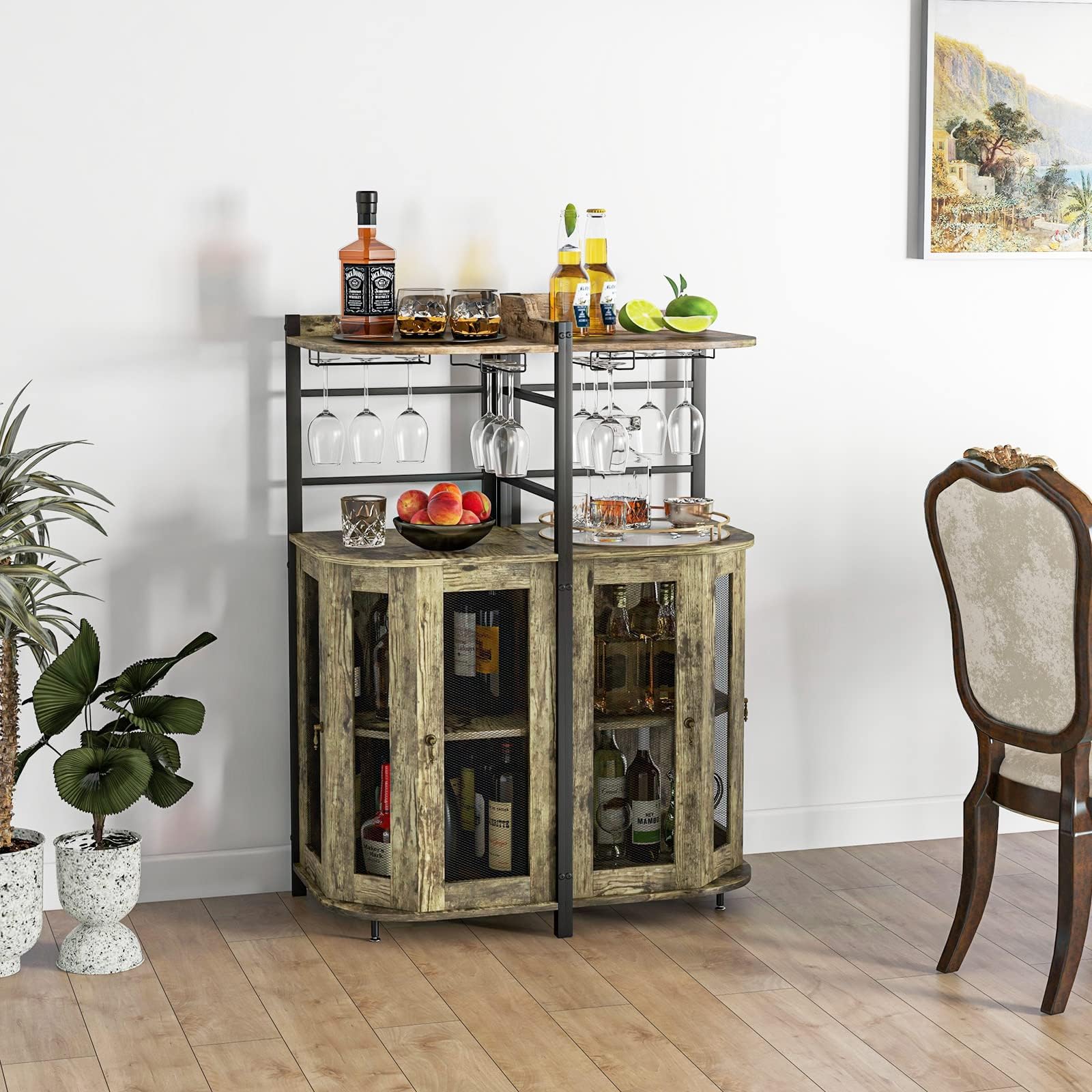 FANTASK Weinschrank Eckschrank, Barschrank Industrial mit Glashalter, Küche Hausbar aus Metallrahmen für Küche, Wohnzimmer, Esszimmer, 46 x 46 x 130 cm (Hellbraun)