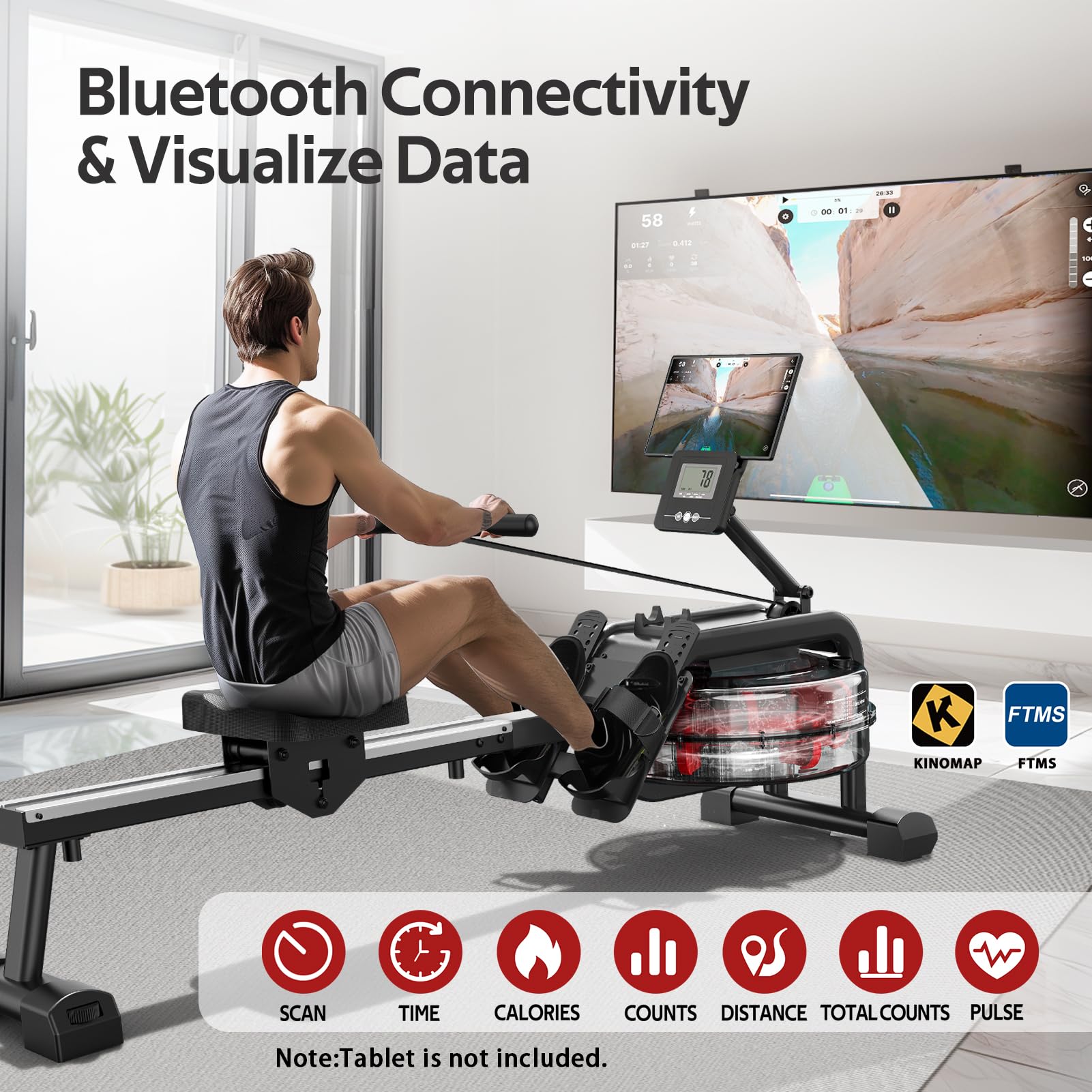 Vogatore Professionale per Casa, Vogatore con Monitor Bluetooth & porta Tablet, Vogatore ad Acqua Compatibile con App Kinomap, Facile da Montare, Altezza massima utente 210 cm