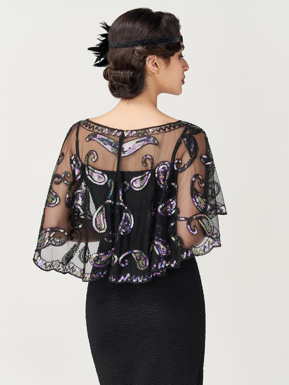 SWEETV Women's 1920s Flapper Shawl,Sequin Beaded Shawls and Wraps for Evening Dresses/Party/Wedding/Formal/Harlem night - Image 3