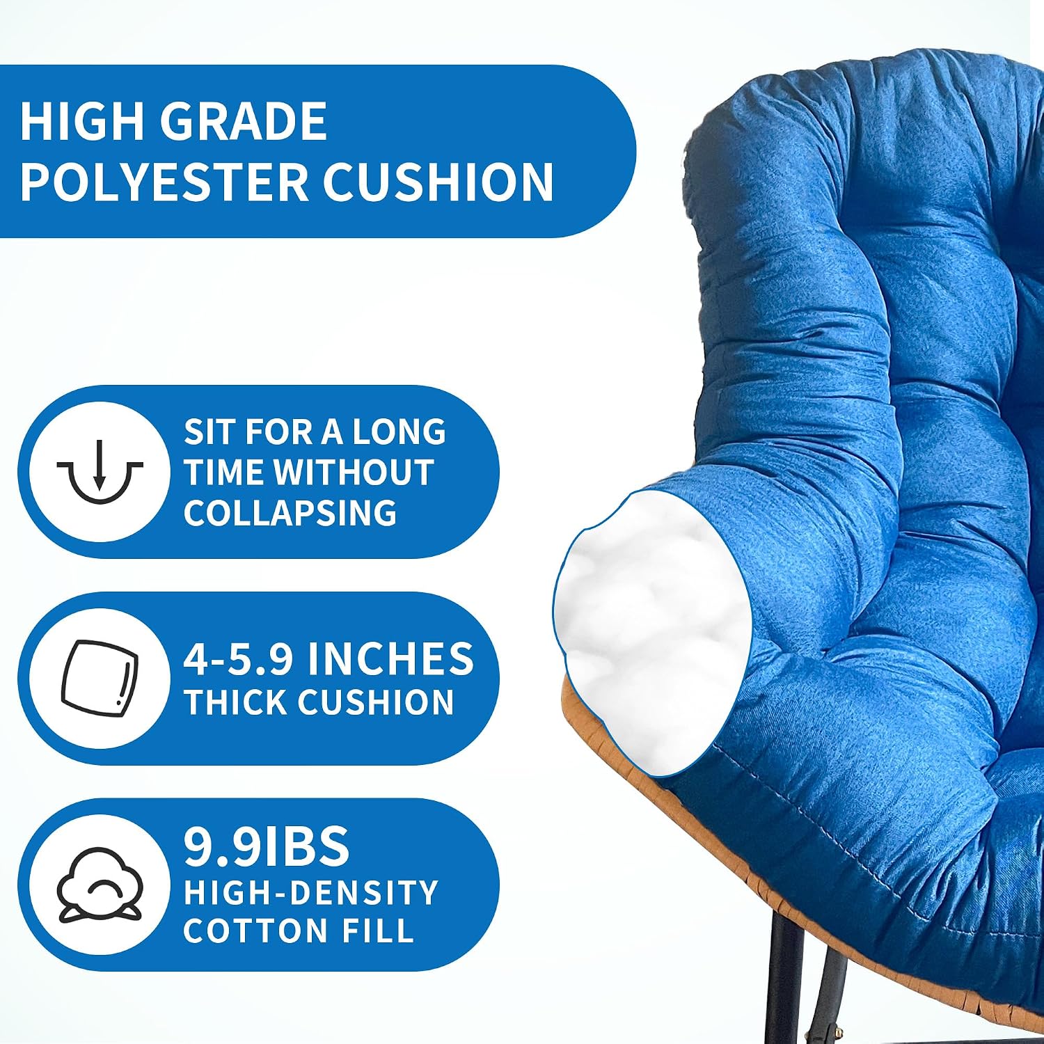 Rocking Egg Chair, Outdoor Rocking Chair with Thick Cushion, Modern Indoor Outdoor Papasan Rocking Chair, Lounge Rocker for Balcony, Living Room, Bedroom, Porch, Patio, Lawn, Garden (Blue)