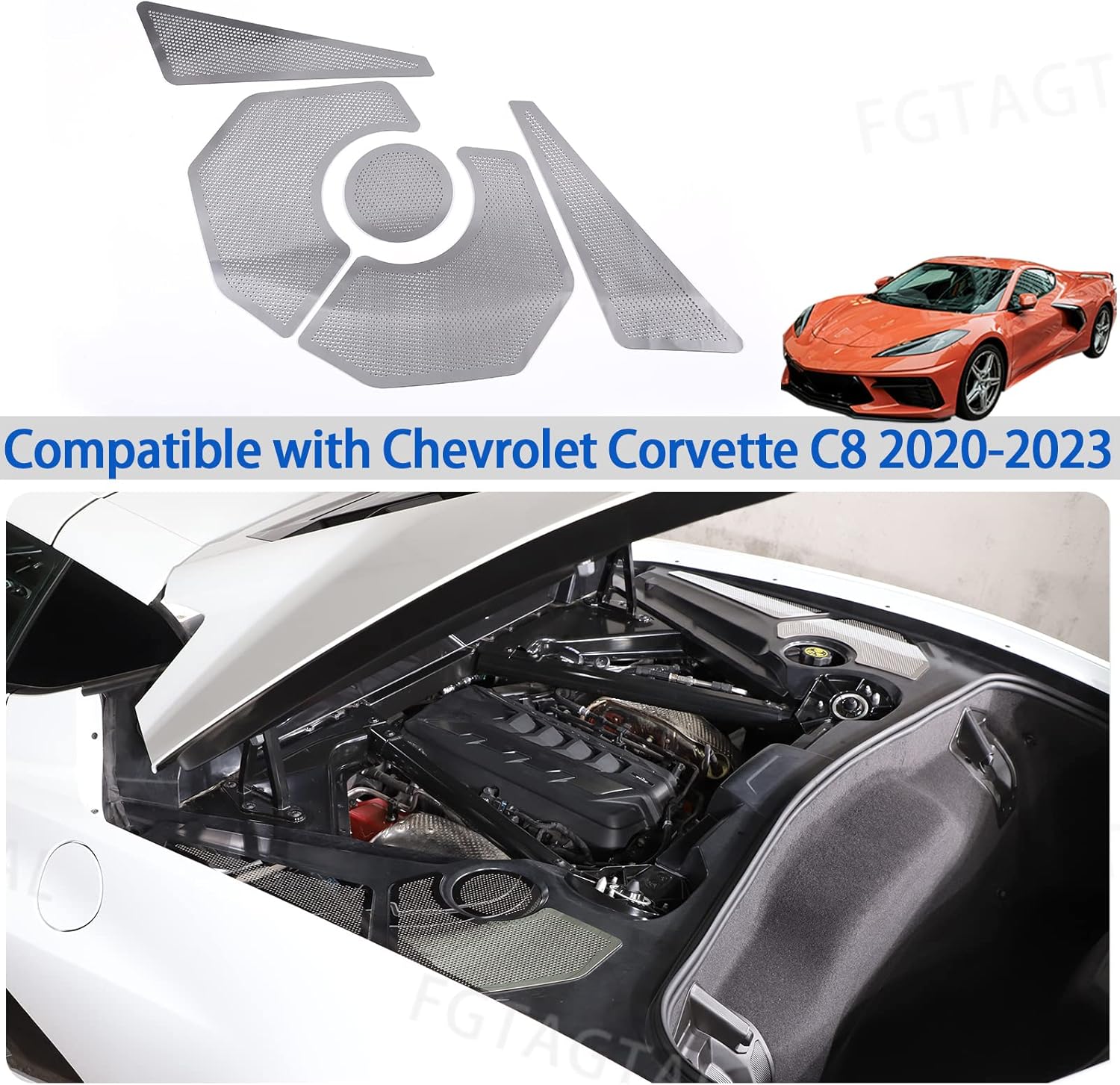 Engine Bay Side Panel Cover Trim Compatible with Chevrolet Corvette C8 2020-2025, Rear Engine Covers, Engine Compartment Side Panel Decoration Accessories, 5PCS (Silver)