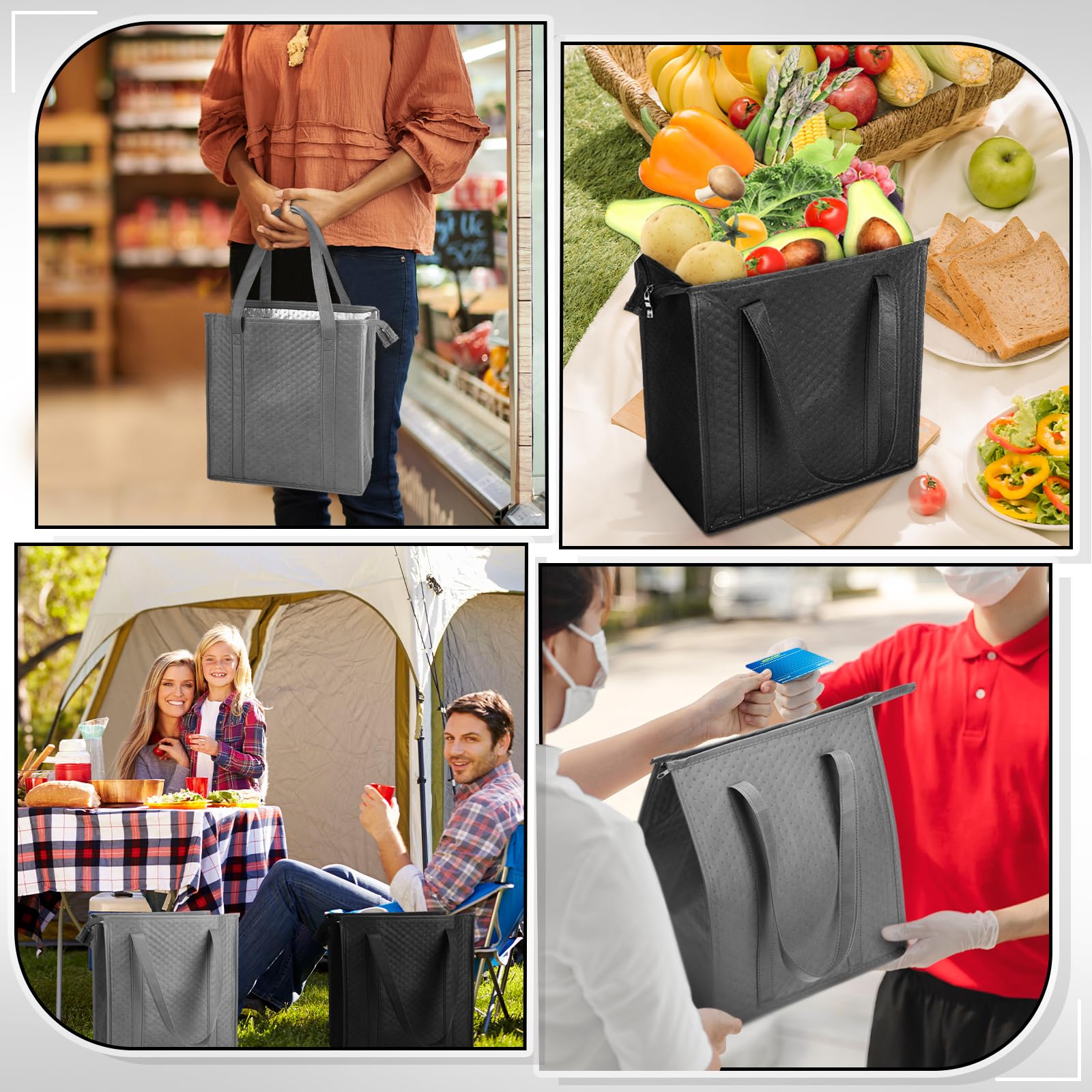 Isolierte Einkaufstaschen, groß, isoliert, wiederverwendbar, Lebensmitteltasche, Thermo-Kühltasche, isolierte Tragetaschen mit Reißverschluss oben für heiße kalte Lebensmittel, Lieferung,