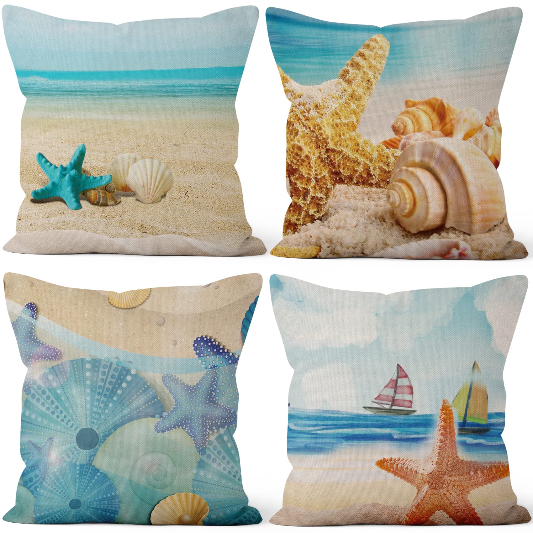 Hnmdmyi Copricuscino Nautico 40x40 Set di 4, Costa Mediterranea Spiaggia Tartaruga Marina Cavallo di mare Balena Polpo Copricuscino Decorativo Oceano Lino Cuscino per Divano Letto Esterno Home Decor