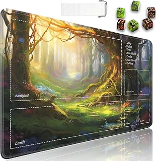 JVGFYNKL for TCG Playmat, Playmat with Zones, 24x14 in Non-Slip Rubber for MTG Playmat with Drawstring Travel Pouch and 6 Dice, Enchanted Forest for MTG Mat, Card Game Playmats