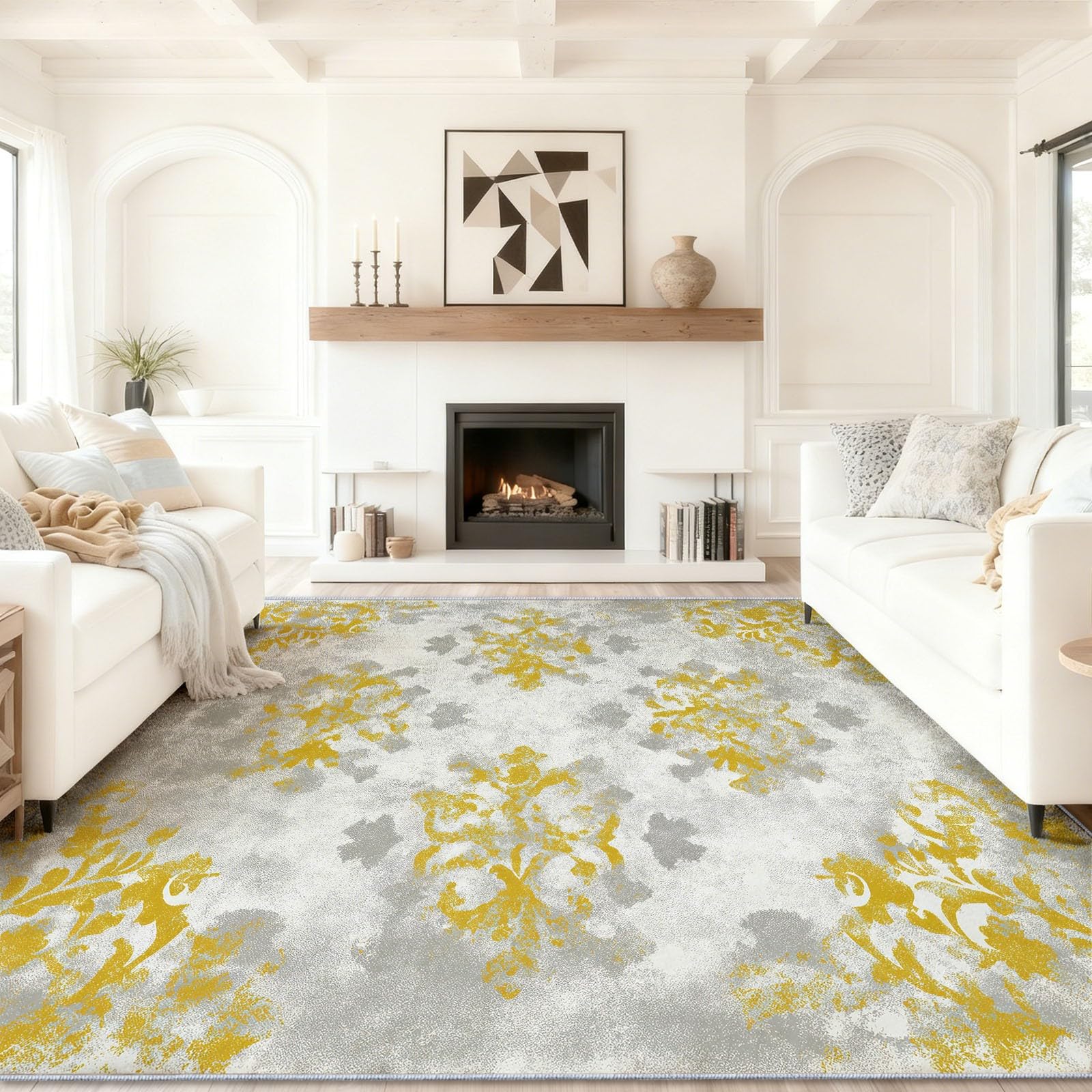 Dywan w stylu retro, postarzany, do salonu, 160 x 230 cm, żółto-szary, można prać w pralce, duży, antypoślizgowy, miękki, z niskim runem do sypialni i jadalni, trwały wystrój domu